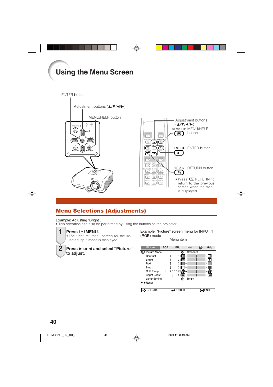 Using the menu screen, Menu selections (adjustments) | Sharp Notevision XG-MB67X-L User Manual | Page 44 / 71