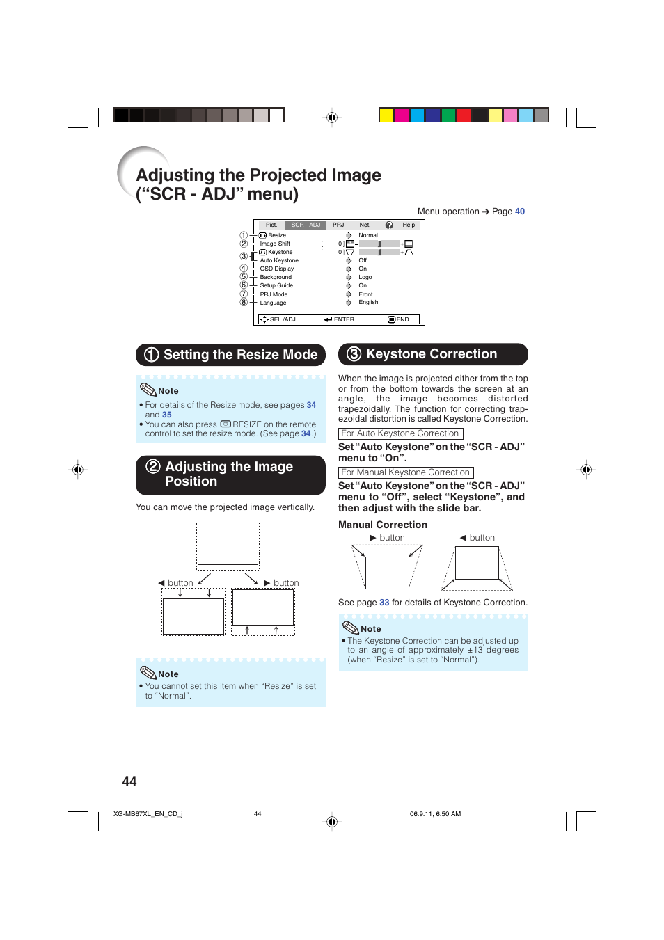 Adjusting the projected image ("scr - adj" menu), Setting the resize mode, Adjusting the image position | Keystone correction, Adjusting the projected image, Scr - adj” menu), Adjusting the projected image (“scr - adj” menu), 11 setting the resize mode, 22 adjusting the image position, 33 keystone correction | Sharp Notevision XG-MB67X-L User Manual | Page 48 / 71