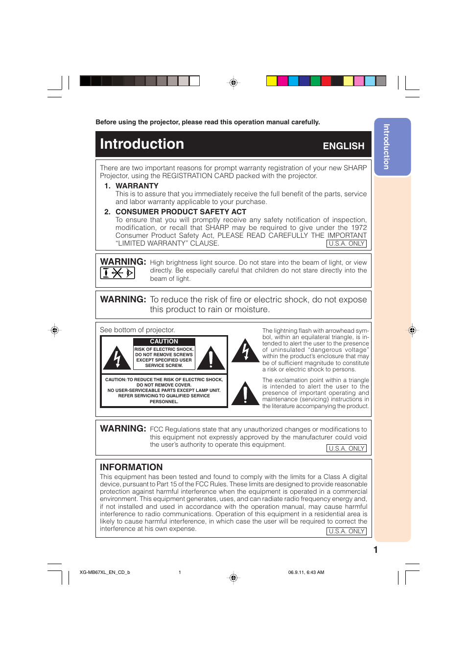 Introduction, Intr, Oduction | English, Warning, Information | Sharp Notevision XG-MB67X-L User Manual | Page 5 / 71