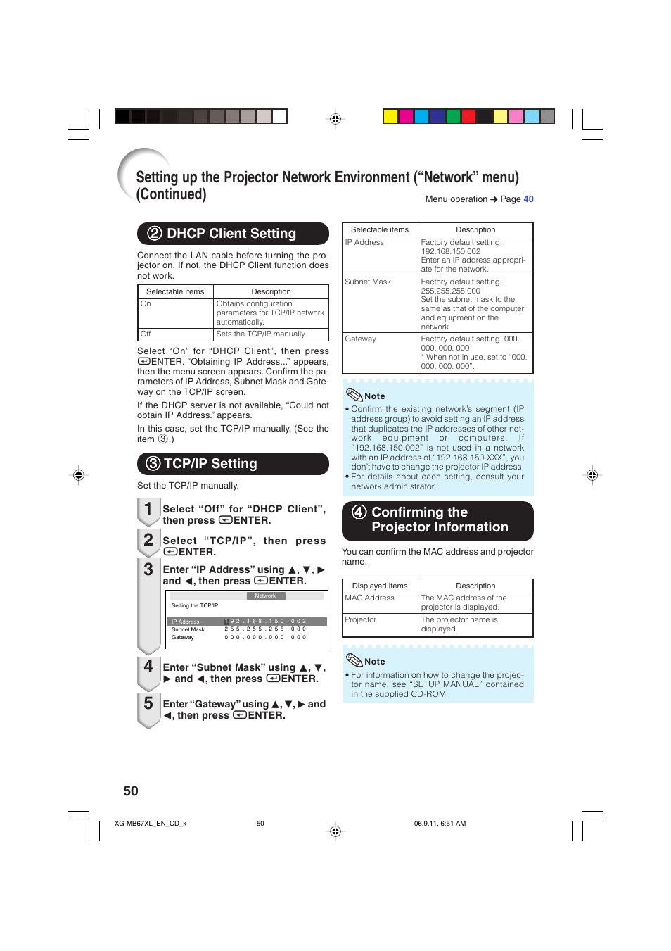 Dhcp client setting, Tcp/ip setting, Confirming the projector information | 22 dhcp client setting | Sharp Notevision XG-MB67X-L User Manual | Page 54 / 71
