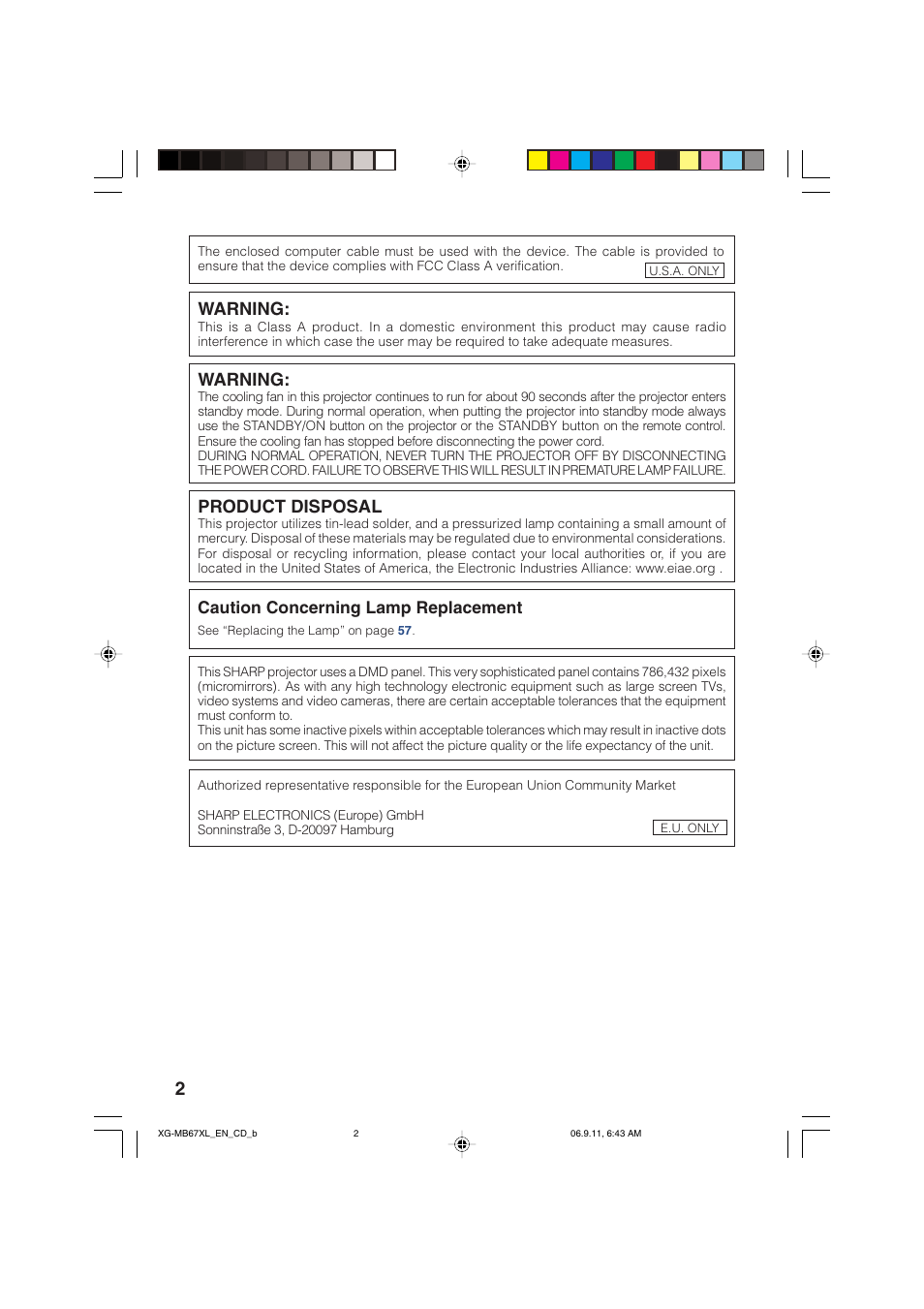 Product disposal, Warning, Caution concerning lamp replacement | Sharp Notevision XG-MB67X-L User Manual | Page 6 / 71