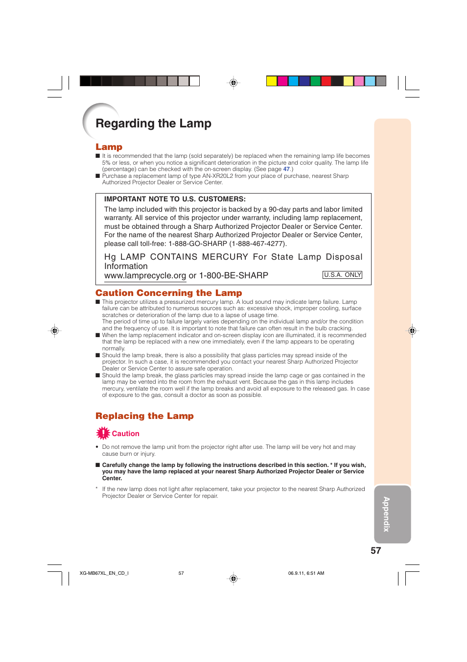 Regarding the lamp, Lamp, Caution concerning the lamp | Replacing the lamp | Sharp Notevision XG-MB67X-L User Manual | Page 61 / 71