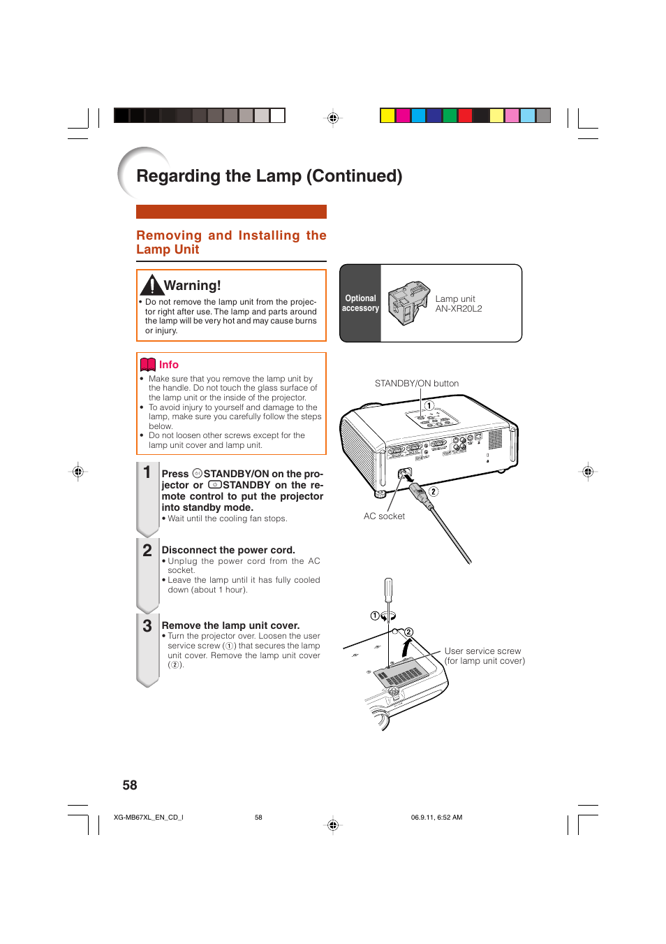 Removing and installing the lamp unit, Removing and installing, The lamp unit | Regarding the lamp (continued), Warning | Sharp Notevision XG-MB67X-L User Manual | Page 62 / 71