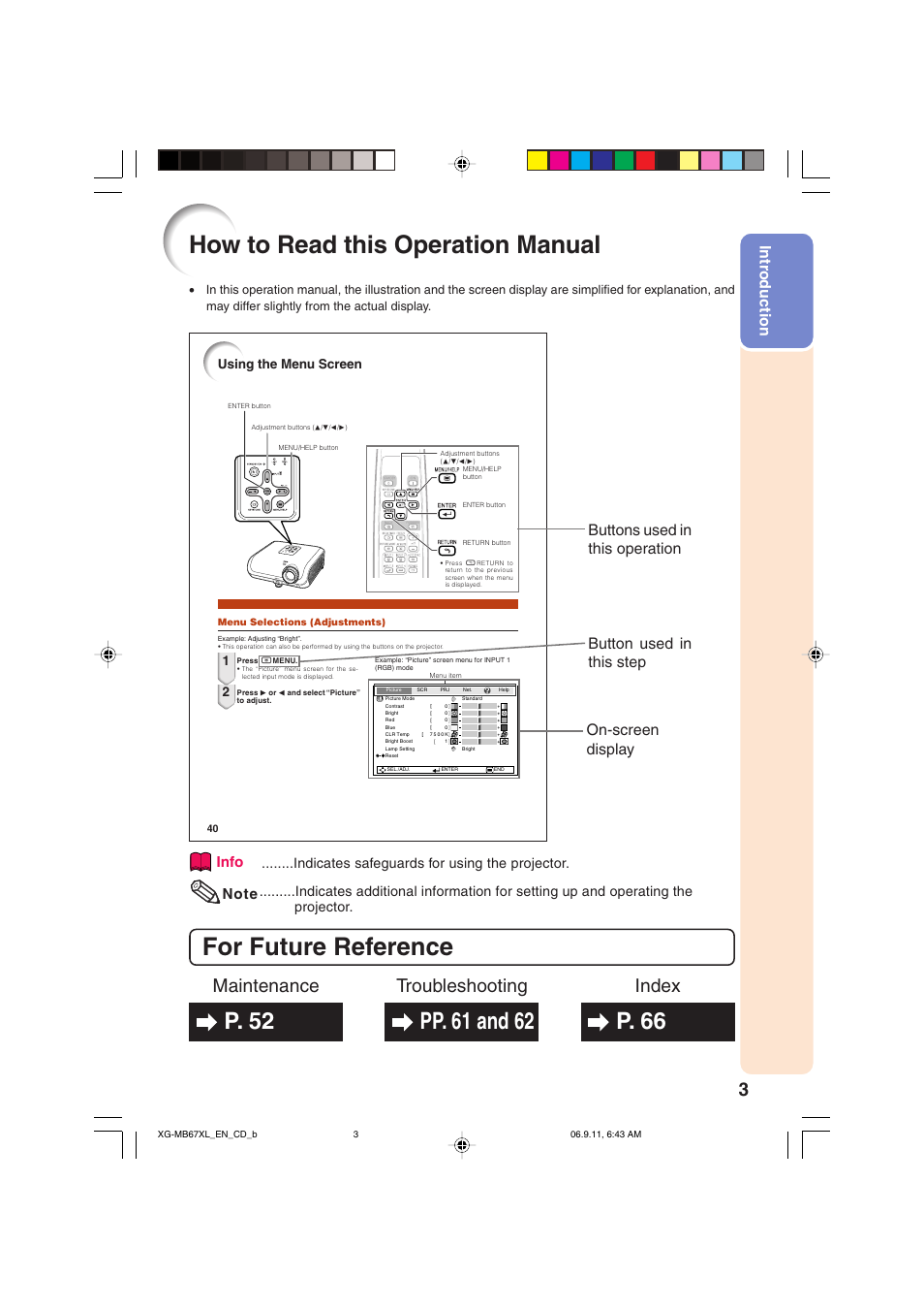 How to read this operation manual, For future reference, Index maintenance troubleshooting | Intr oduction, Info, Indicates safeguards for using the projector | Sharp Notevision XG-MB67X-L User Manual | Page 7 / 71