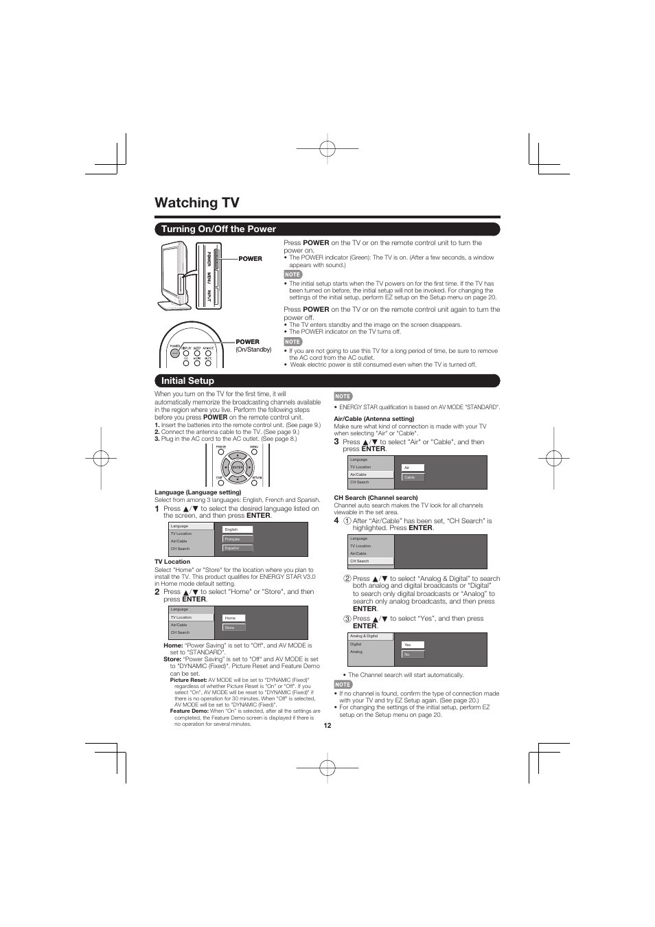 Watching tv, Turning on/off the power, Initial setup | Sharp AQUOS LC-32D47UN User Manual | Page 12 / 31