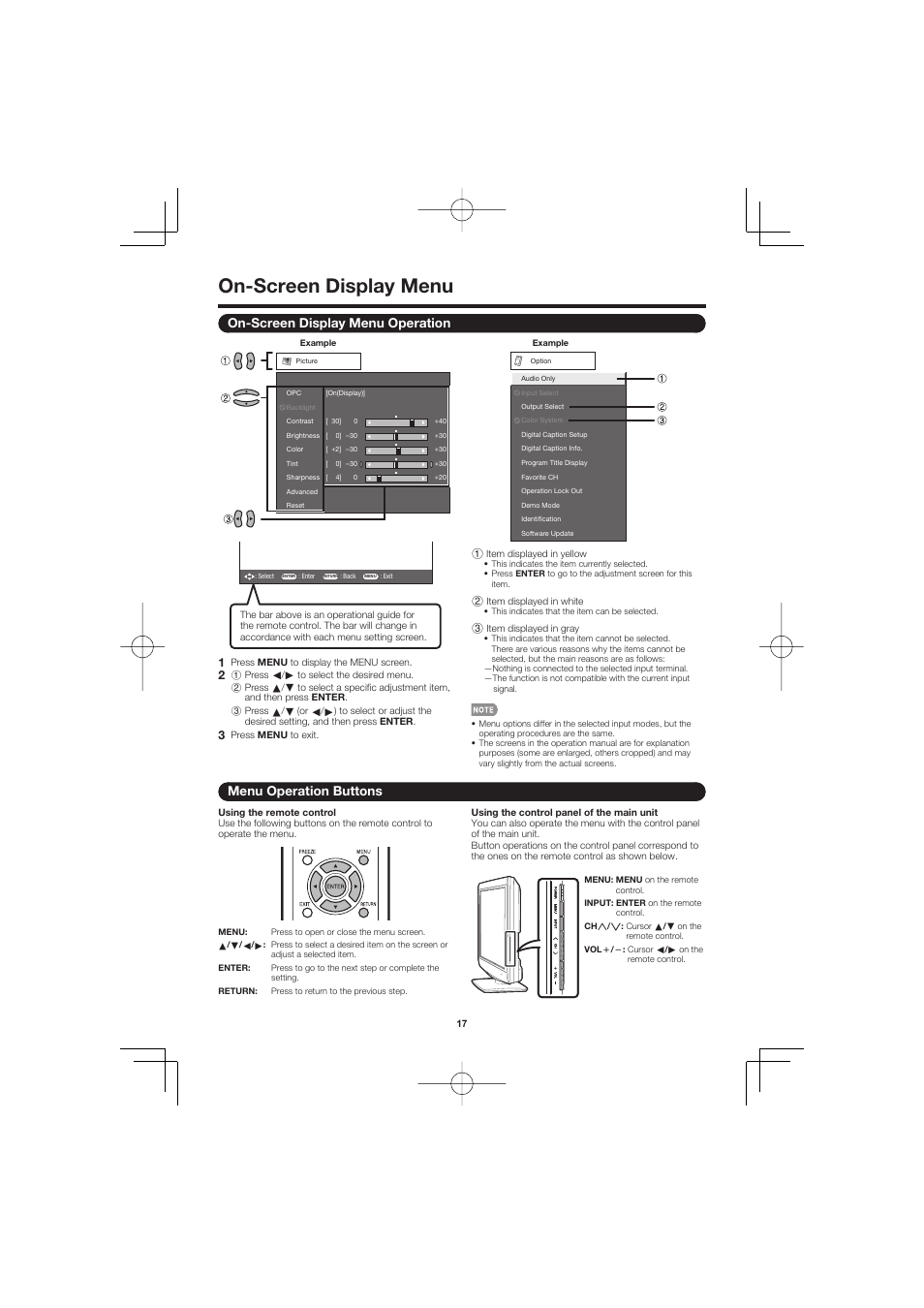 On-screen display menu, On-screen display menu operation, Menu operation buttons | Sharp AQUOS LC-32D47UN User Manual | Page 17 / 31