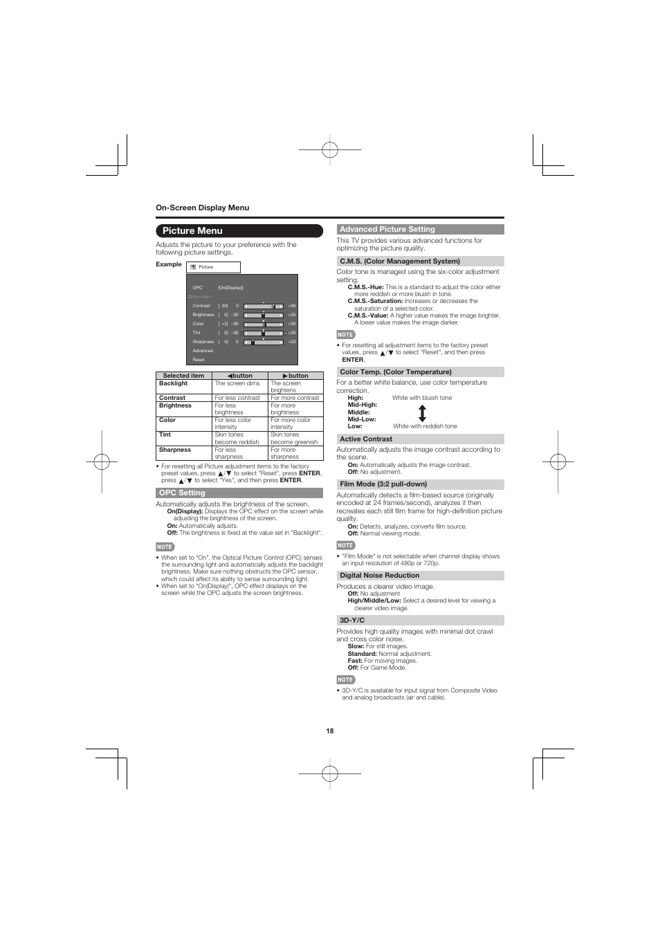 Picture menu, Opc setting, Advanced picture setting | Sharp AQUOS LC-32D47UN User Manual | Page 18 / 31