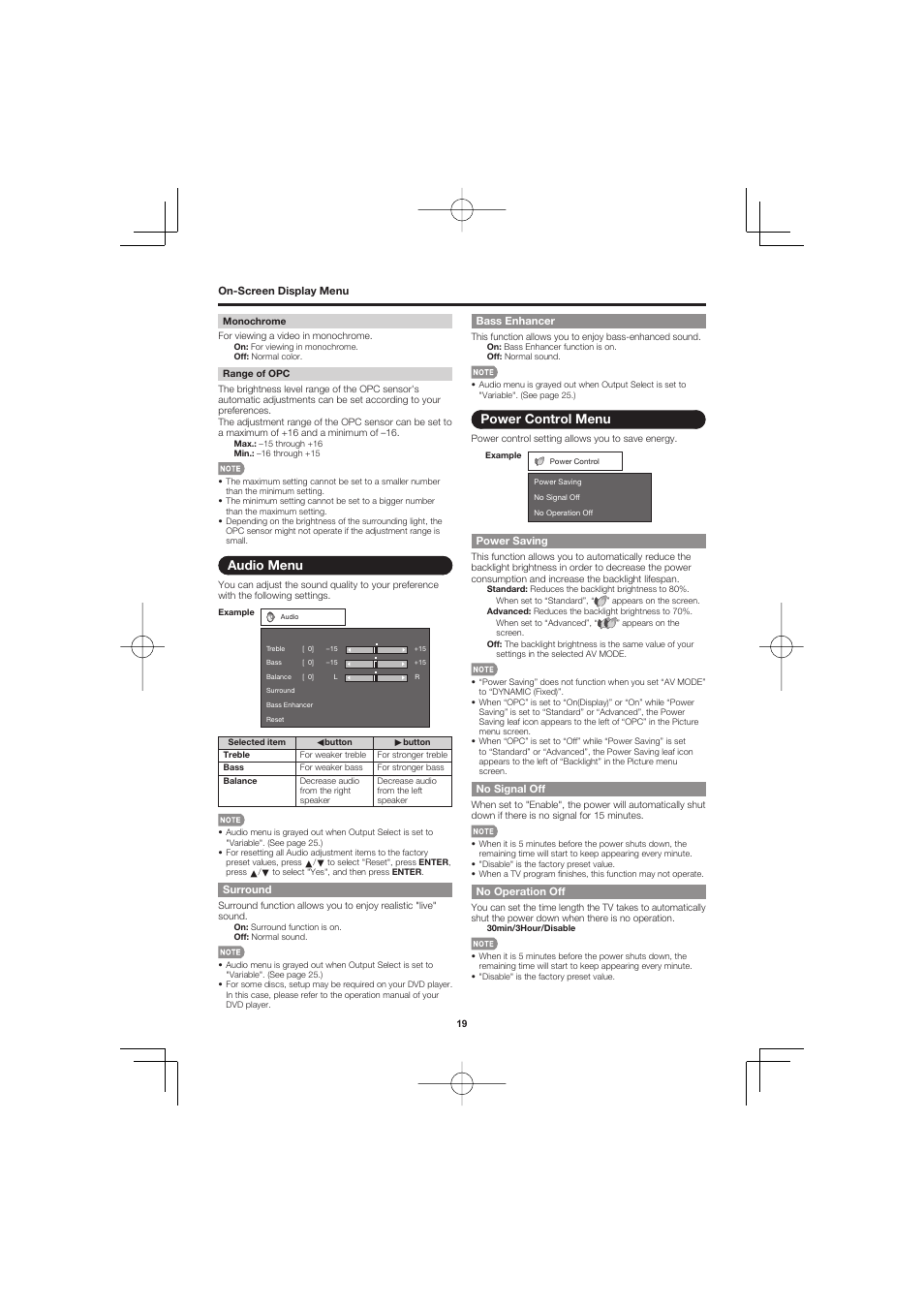 Audio menu, Surround, Bass enhancer | Power control menu, Power saving, No signal off, No operation off | Sharp AQUOS LC-32D47UN User Manual | Page 19 / 31