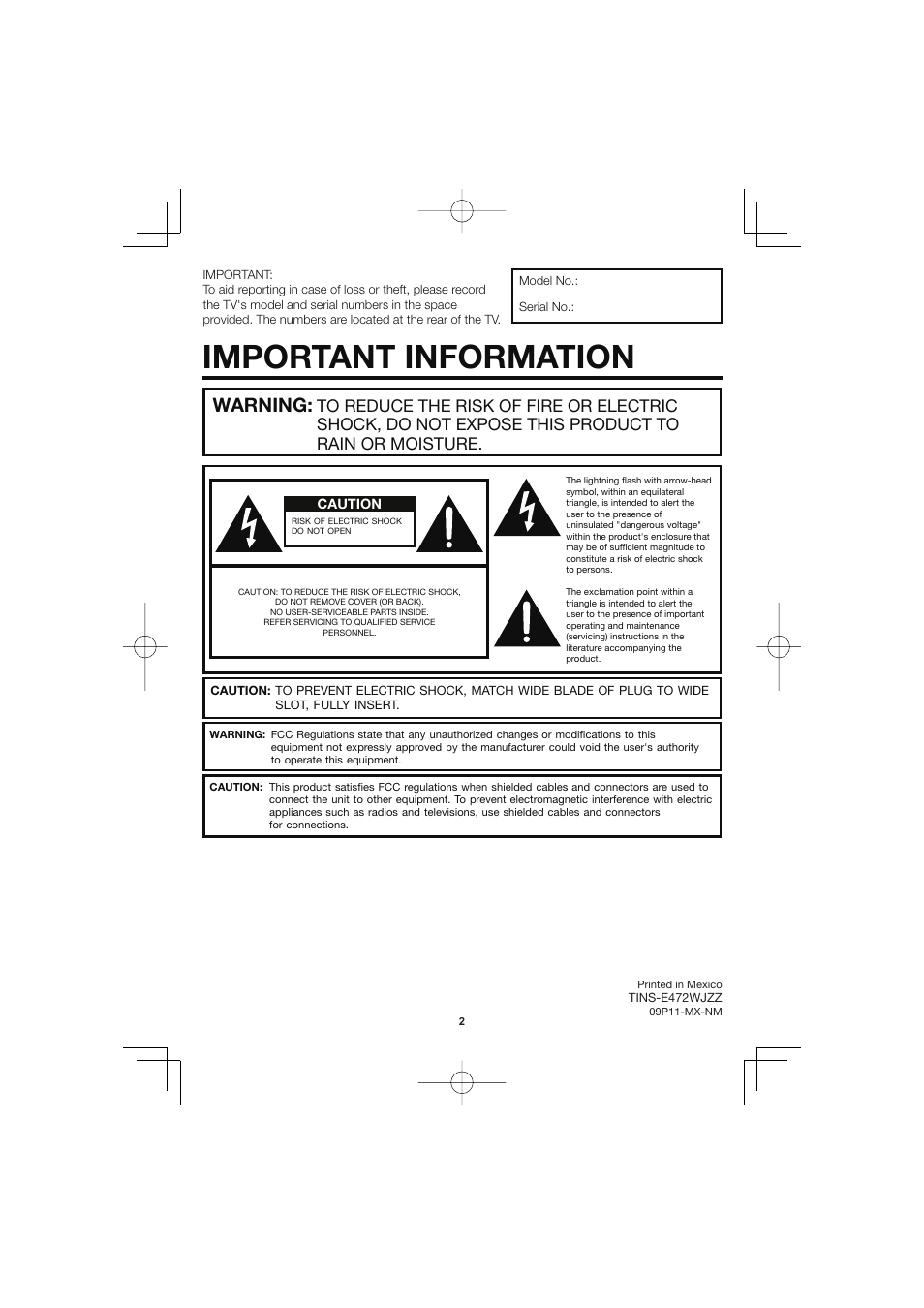 Important information, Warning | Sharp AQUOS LC-32D47UN User Manual | Page 2 / 31