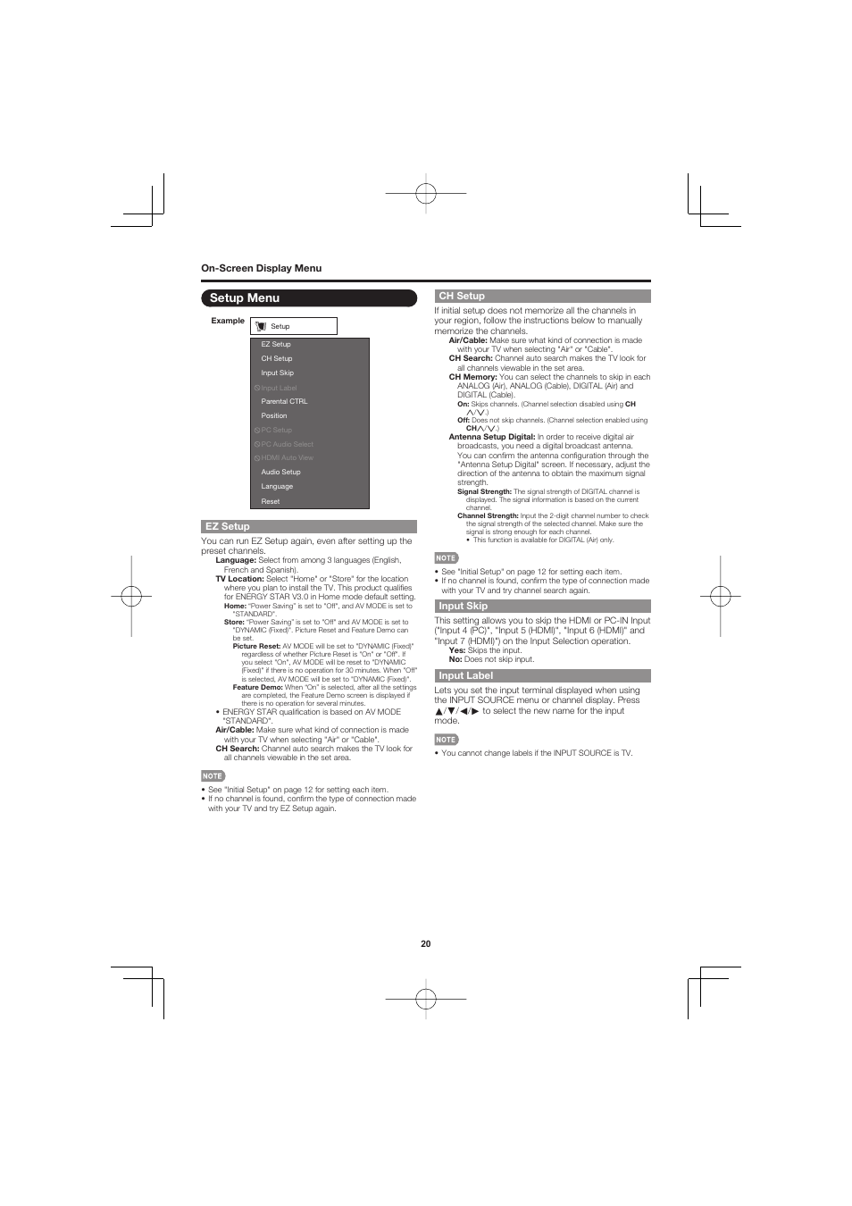 Setup menu, Ez setup, Ch setup | Input skip, Input label | Sharp AQUOS LC-32D47UN User Manual | Page 20 / 31