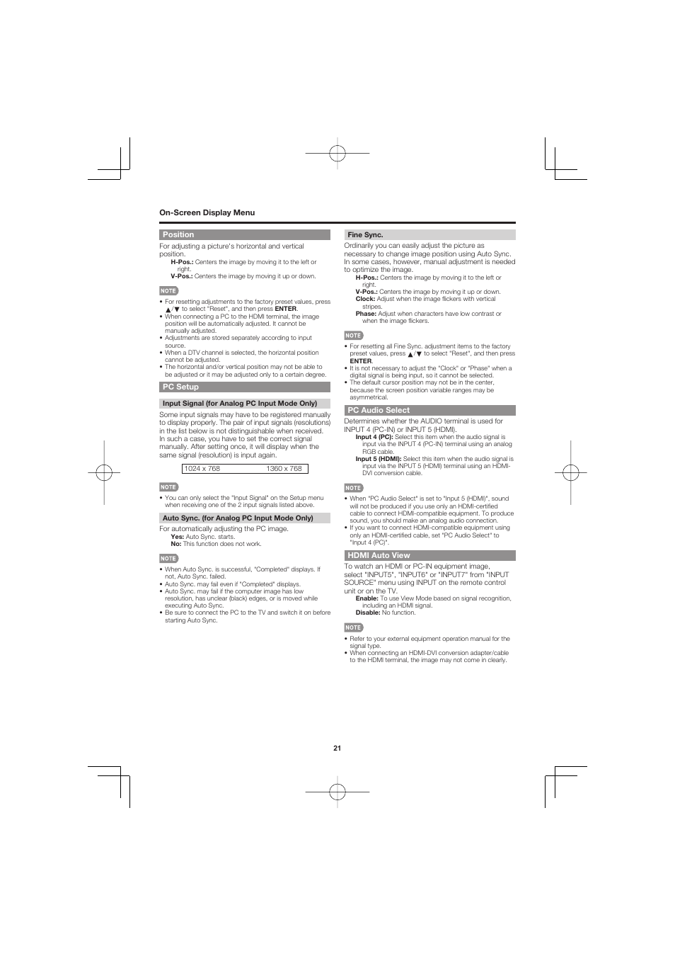 Position, Pc setup, Pc audio select | Hdmi auto view | Sharp AQUOS LC-32D47UN User Manual | Page 21 / 31