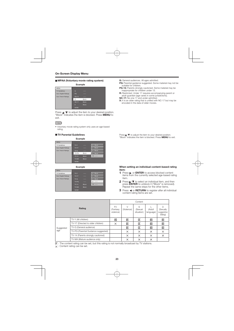 On-screen display menu | Sharp AQUOS LC-32D47UN User Manual | Page 23 / 31