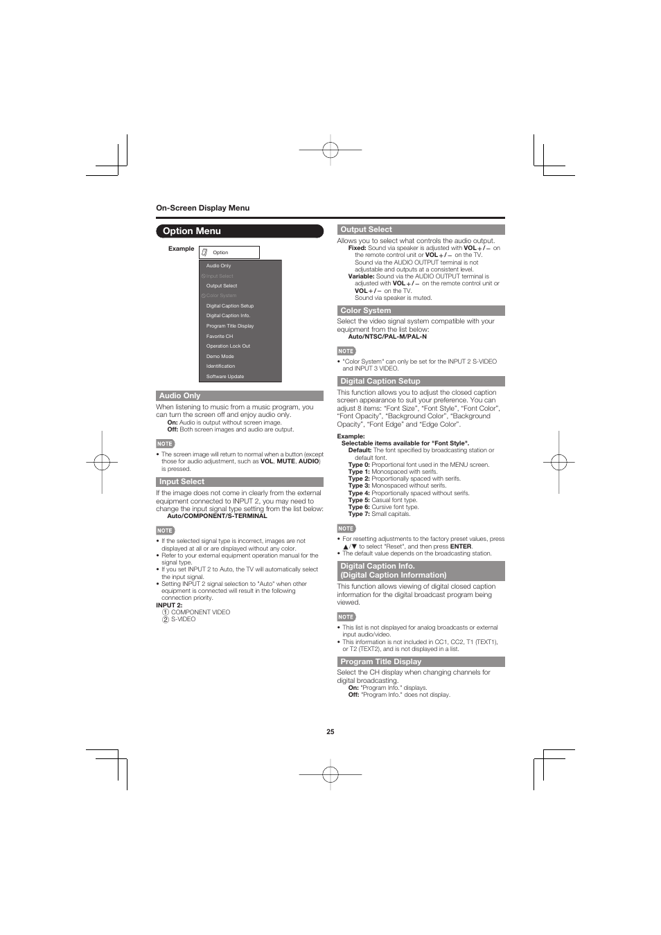 Option menu, Audio only, Input select | Output select, Color system, Digital caption setup, Program title display | Sharp AQUOS LC-32D47UN User Manual | Page 25 / 31