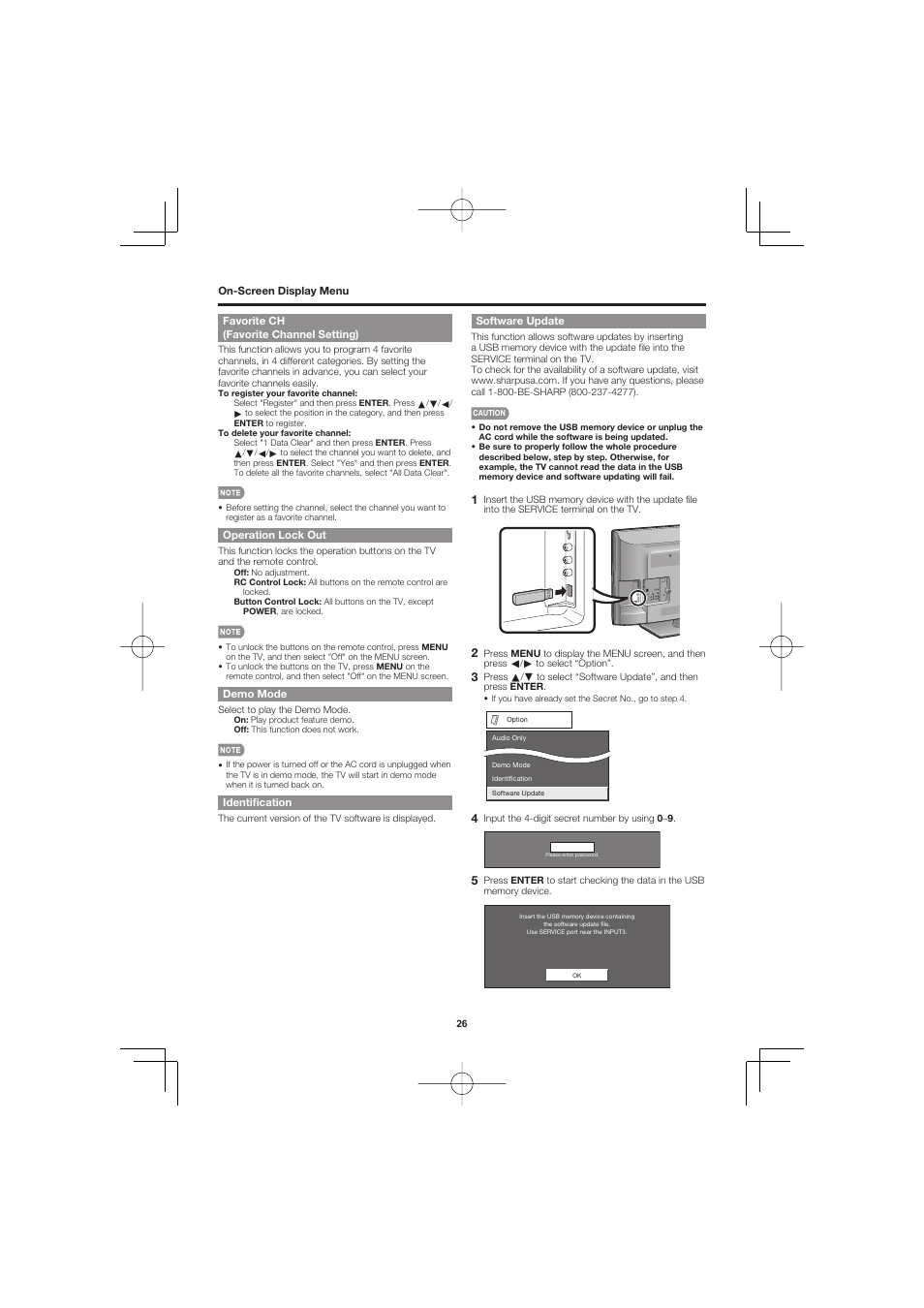 Favorite ch (favorite channel setting), Operation lock out, Demo mode | Identification, Software update | Sharp AQUOS LC-32D47UN User Manual | Page 26 / 31