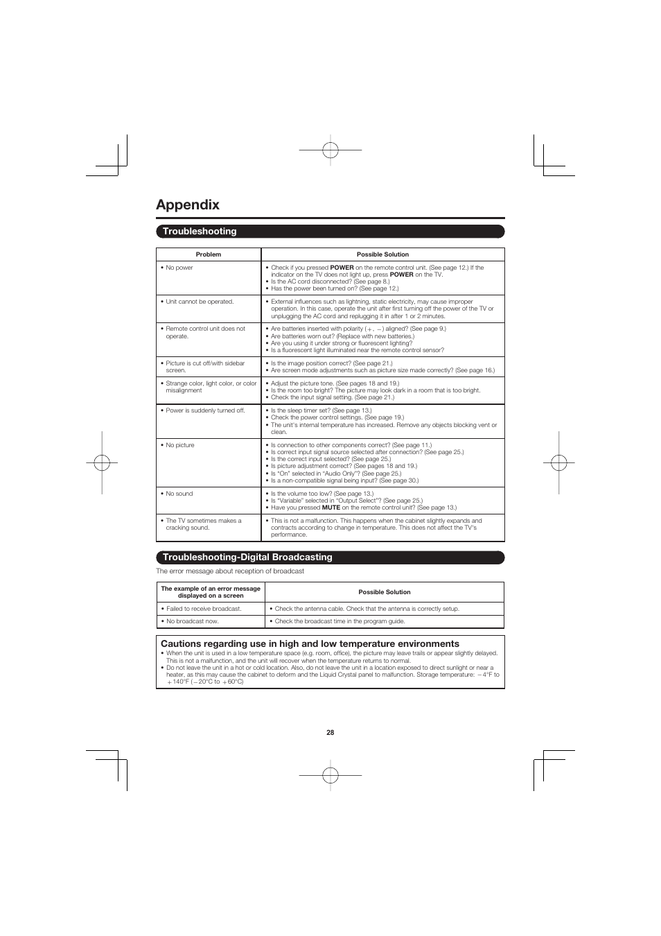 Appendix, Troubleshooting, Troubleshooting-digital broadcasting | Sharp AQUOS LC-32D47UN User Manual | Page 28 / 31