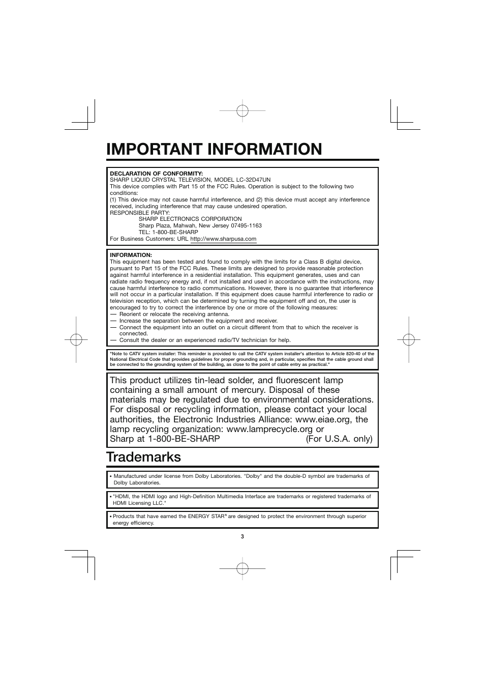 Trademarks, Important information | Sharp AQUOS LC-32D47UN User Manual | Page 3 / 31