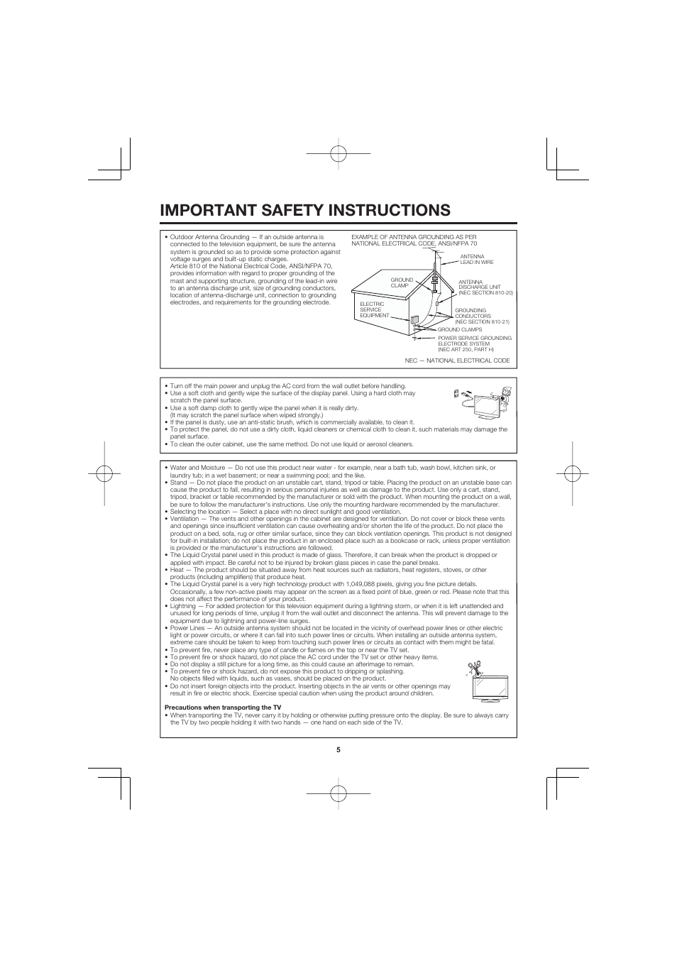 Important safety instructions | Sharp AQUOS LC-32D47UN User Manual | Page 5 / 31