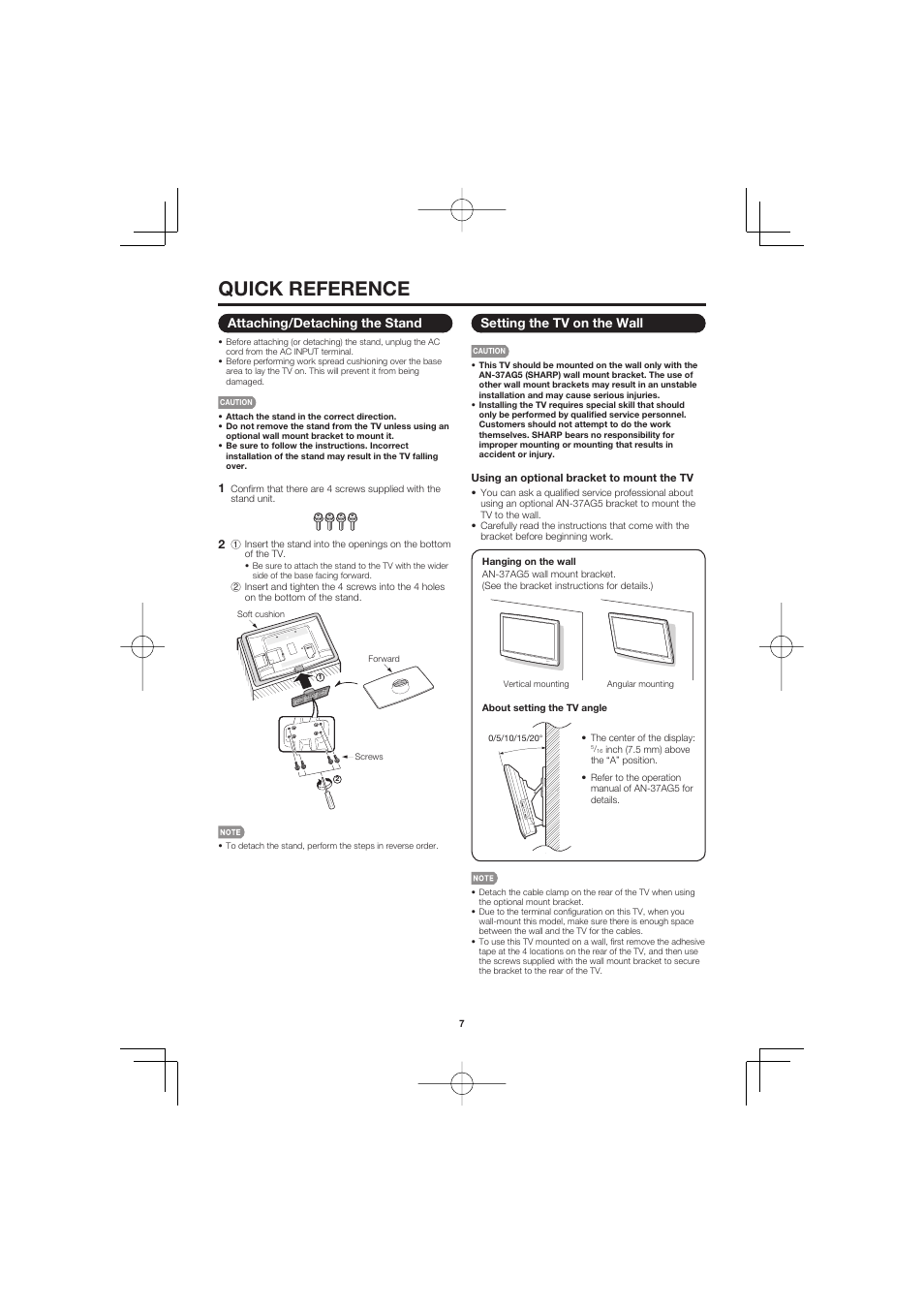 Quick reference, Attaching/detaching the stand, Setting the tv on the wall | Sharp AQUOS LC-32D47UN User Manual | Page 7 / 31