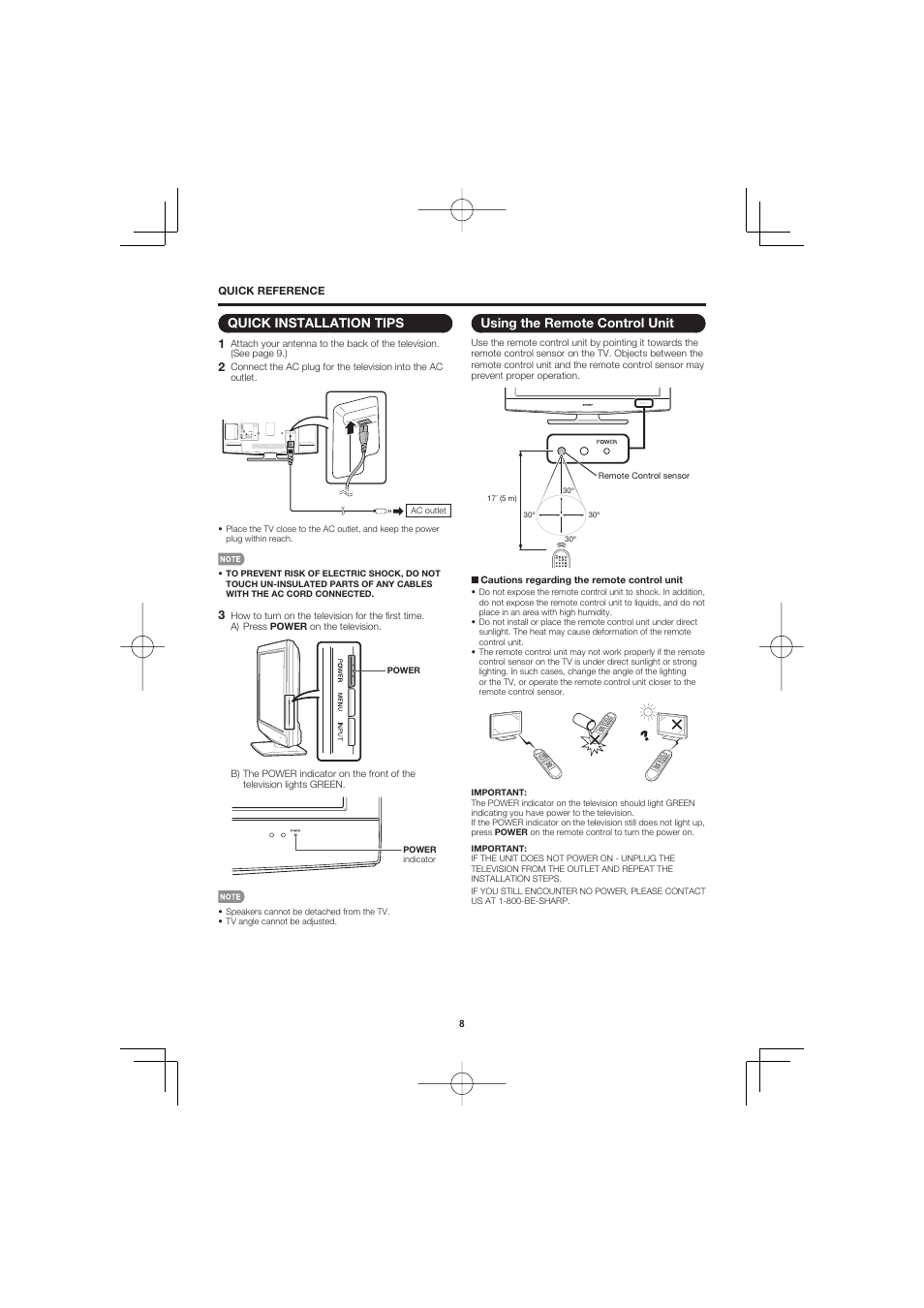 Quick installation tips, Using the remote control unit | Sharp AQUOS LC-32D47UN User Manual | Page 8 / 31