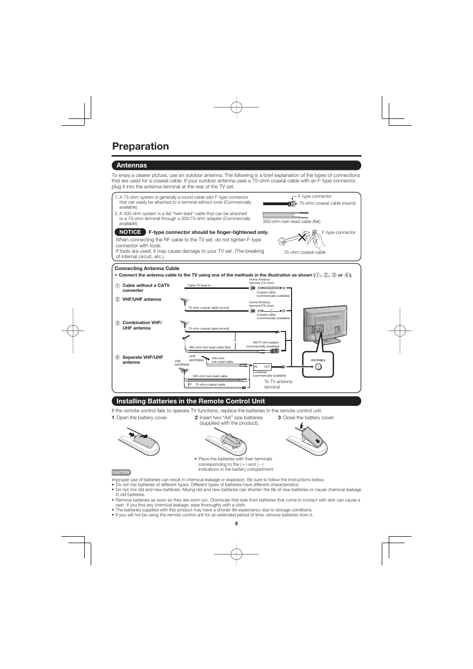 Preparation, Antennas, Installing batteries in the remote control unit | Sharp AQUOS LC-32D47UN User Manual | Page 9 / 31