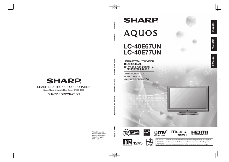 Sharp Aquos LC 40E77UN User Manual | 47 pages