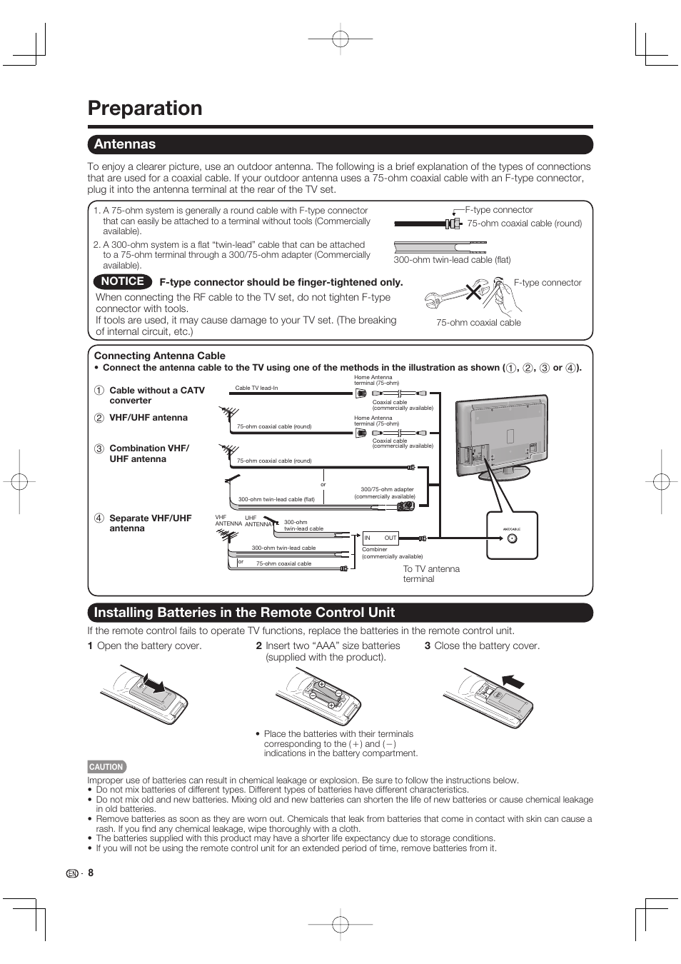 Preparation, Antennas, Installing batteries in the remote control unit | Sharp Aquos LC 40E77UN User Manual | Page 10 / 47