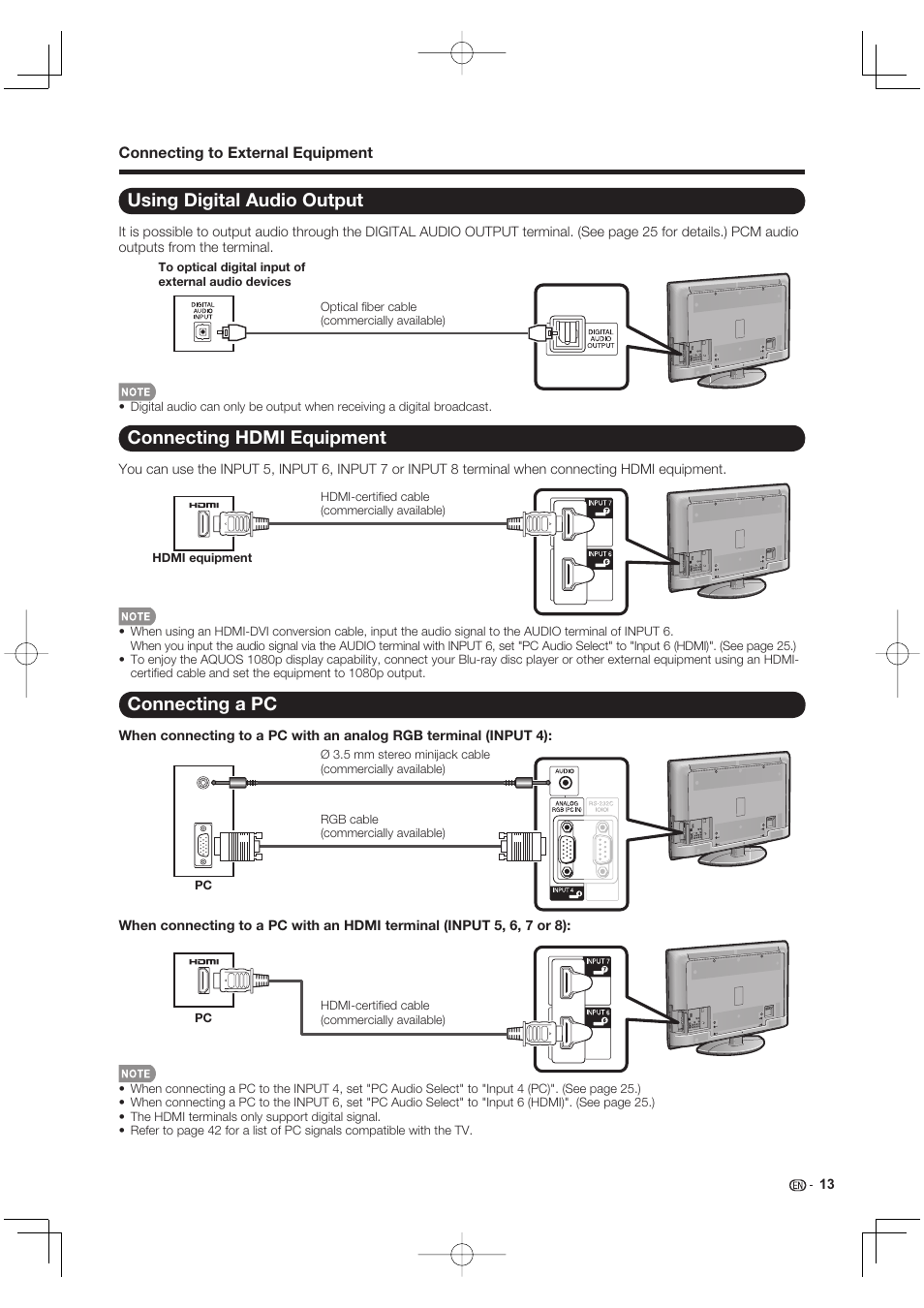 Using digital audio output, Connecting hdmi equipment, Connecting a pc | Sharp Aquos LC 40E77UN User Manual | Page 15 / 47