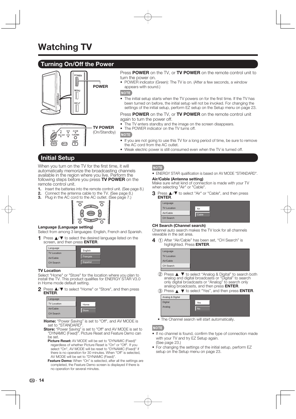 Watching tv, Turning on/off the power, Initial setup | Sharp Aquos LC 40E77UN User Manual | Page 16 / 47