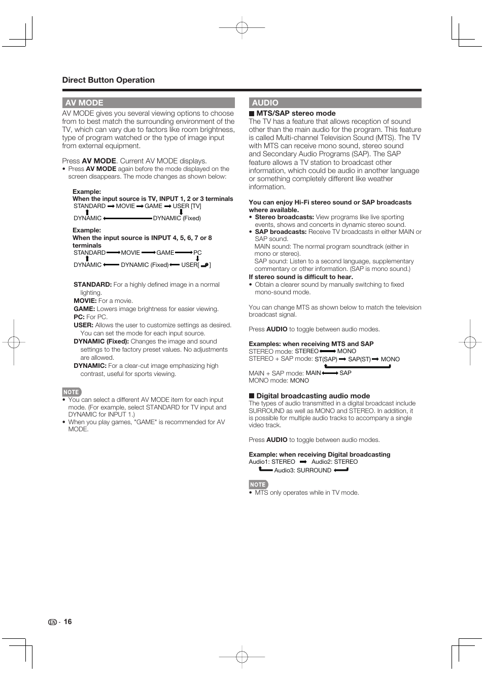 Av mode, Audio, Direct button operation audio | Sharp Aquos LC 40E77UN User Manual | Page 18 / 47