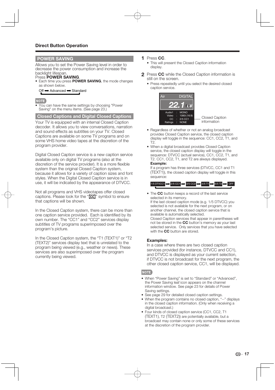 Power saving, Closed captions and digital closed captions, Direct button operation | Sharp Aquos LC 40E77UN User Manual | Page 19 / 47