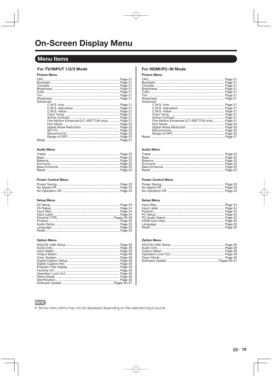 On-screen display menu, Menu items | Sharp Aquos LC 40E77UN User Manual | Page 21 / 47
