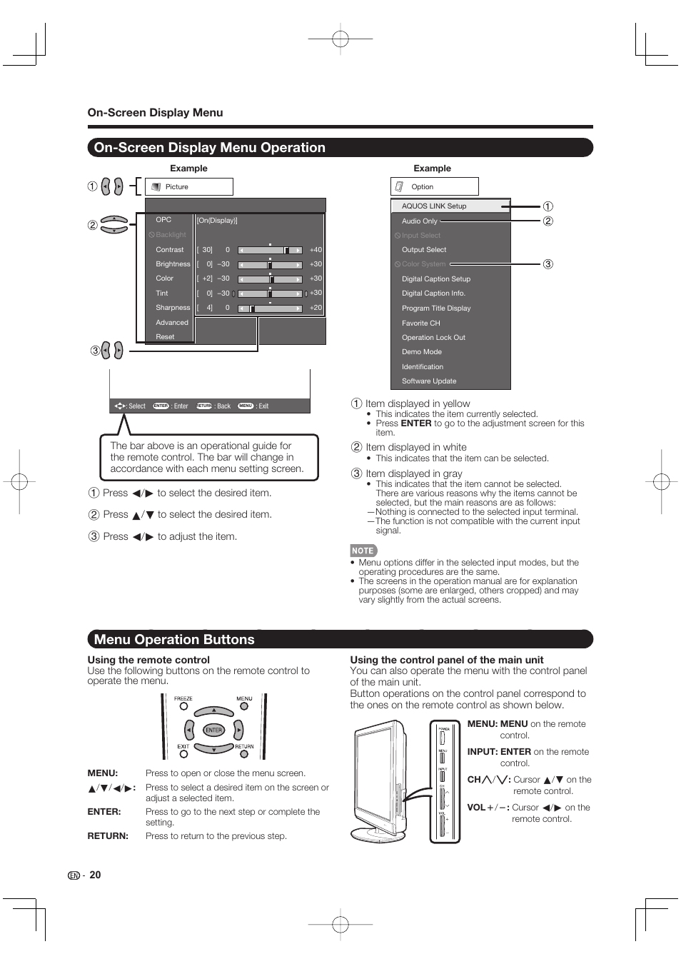 On-screen display menu operation, Menu operation buttons, On-screen display menu | Sharp Aquos LC 40E77UN User Manual | Page 22 / 47