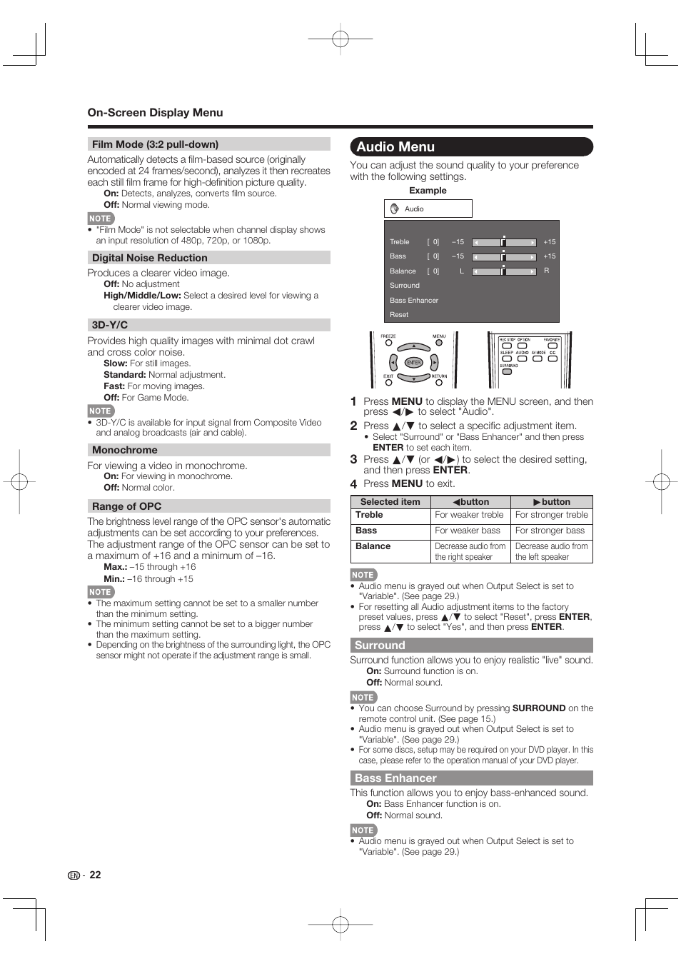 Audio menu, Surround, Bass enhancer | Sharp Aquos LC 40E77UN User Manual | Page 24 / 47