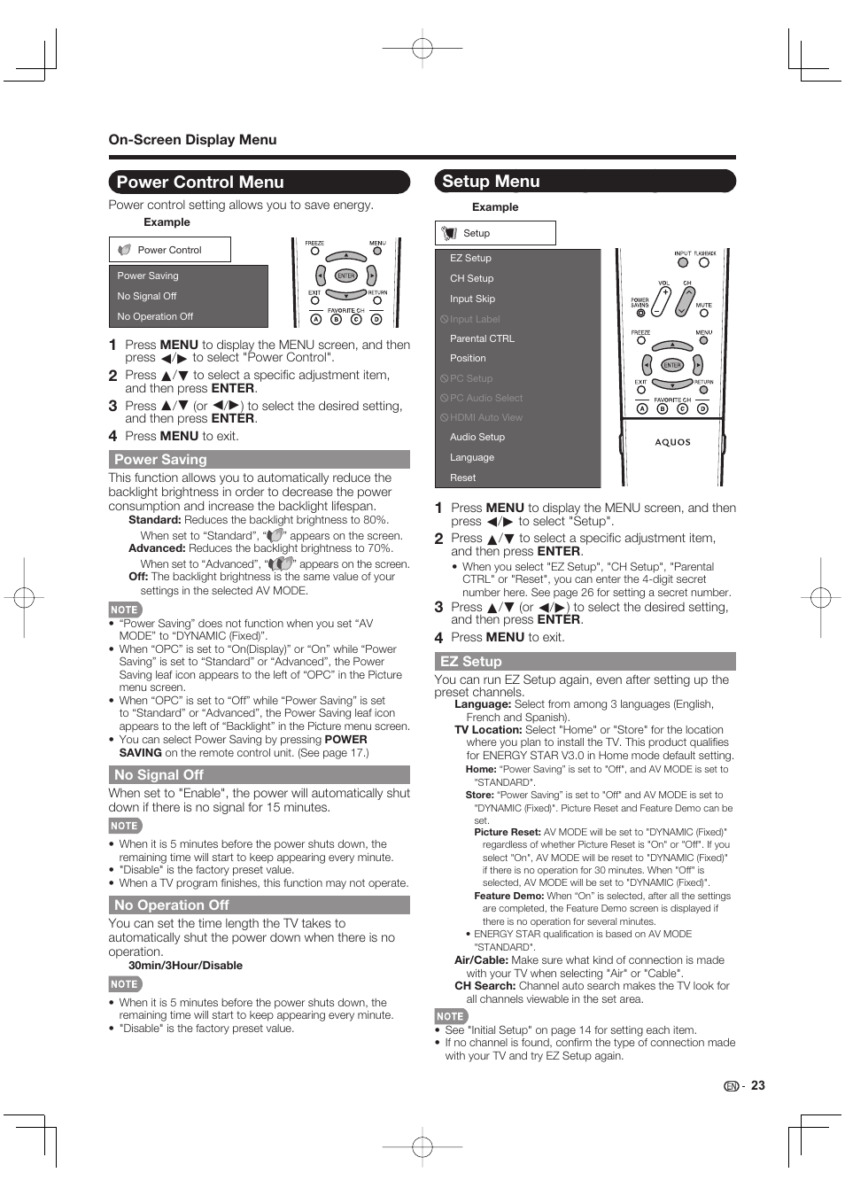 Power control menu, Power saving, No signal off | No operation off, Setup menu, Ez setup | Sharp Aquos LC 40E77UN User Manual | Page 25 / 47