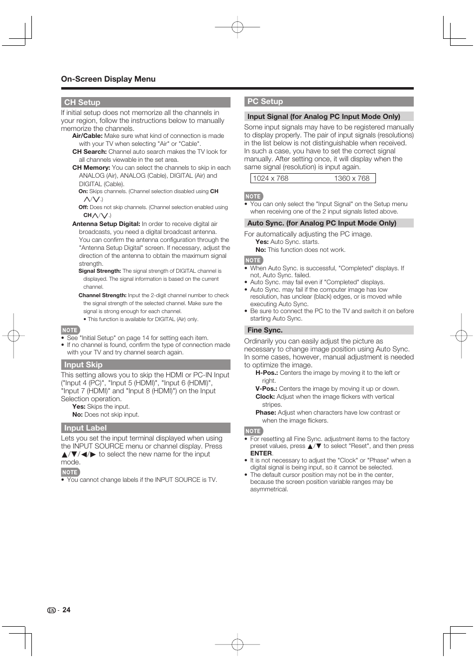 Ch setup, Input skip, Input label | Pc setup, On-screen display menu | Sharp Aquos LC 40E77UN User Manual | Page 26 / 47