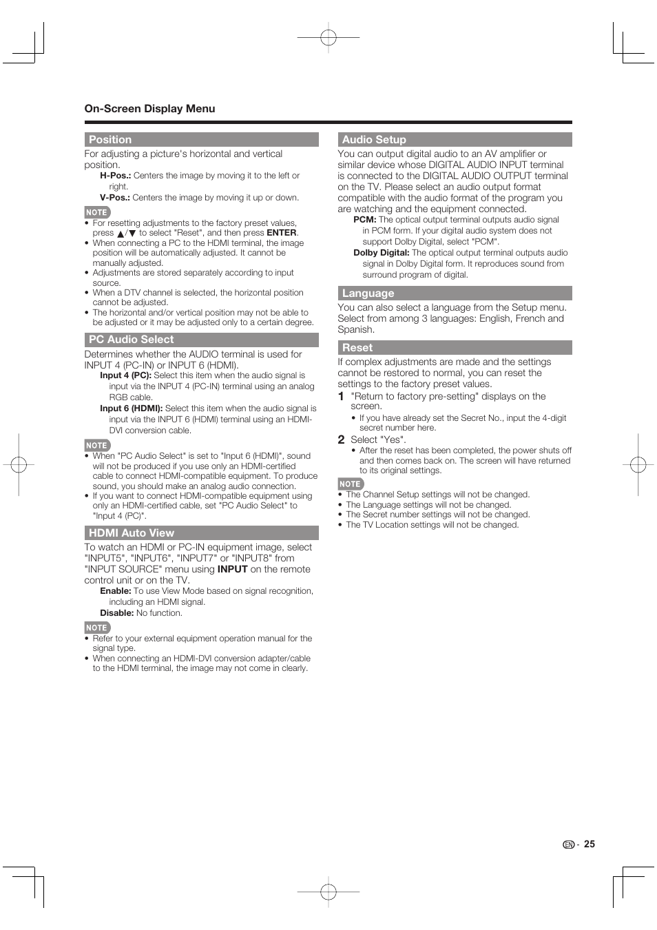 Position, Pc audio select, Hdmi auto view | Audio setup, Language, Reset | Sharp Aquos LC 40E77UN User Manual | Page 27 / 47