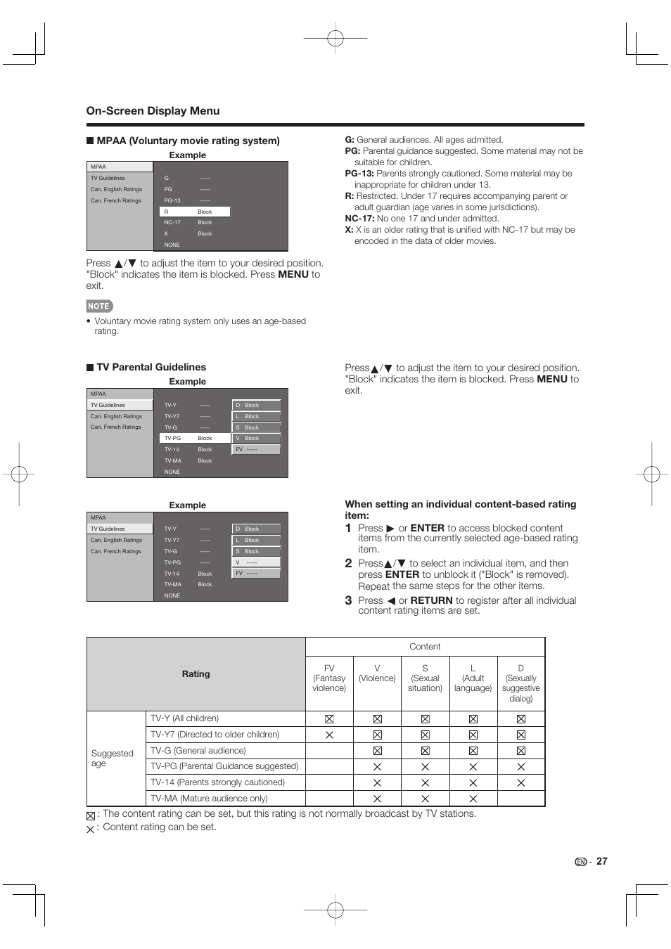 On-screen display menu, Tv parental guidelines | Sharp Aquos LC 40E77UN User Manual | Page 29 / 47