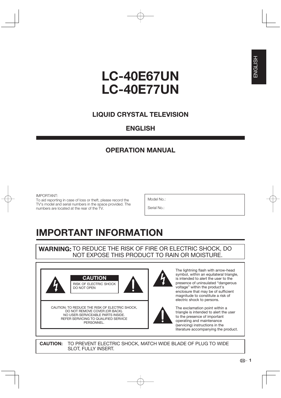 Important information, Operation manual, Liquid crystal television english | Warning | Sharp Aquos LC 40E77UN User Manual | Page 3 / 47