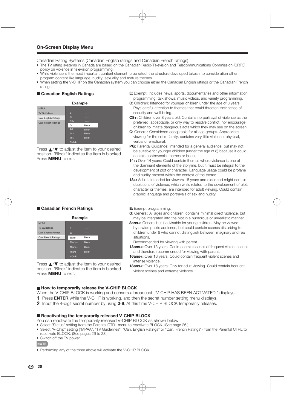 On-screen display menu, Canadian english ratings | Sharp Aquos LC 40E77UN User Manual | Page 30 / 47