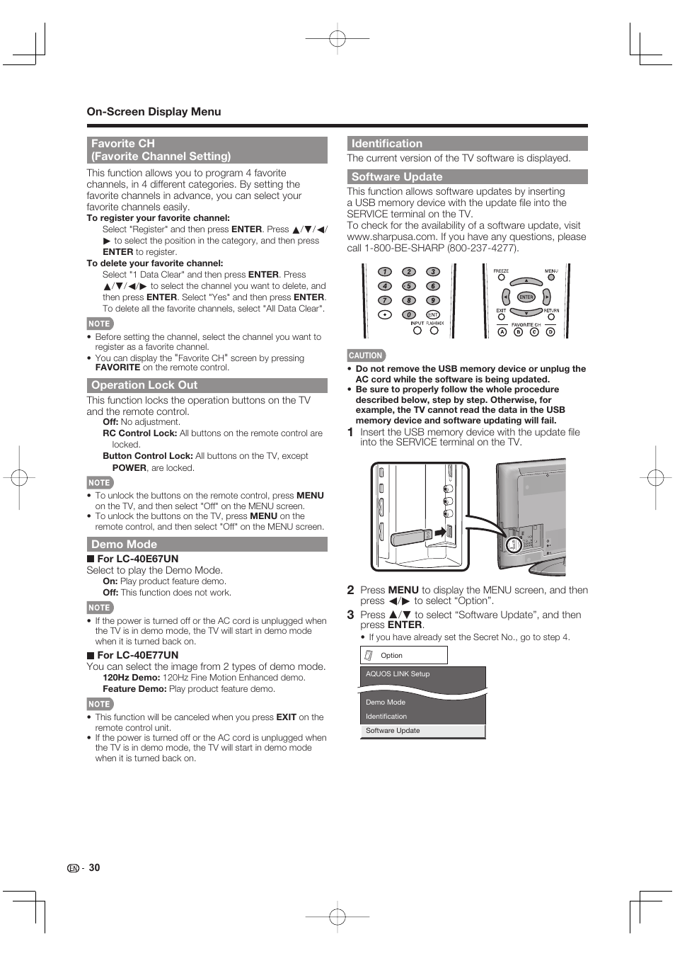 Favorite ch (favorite channel setting), Operation lock out, Demo mode | Identification, Software update | Sharp Aquos LC 40E77UN User Manual | Page 32 / 47