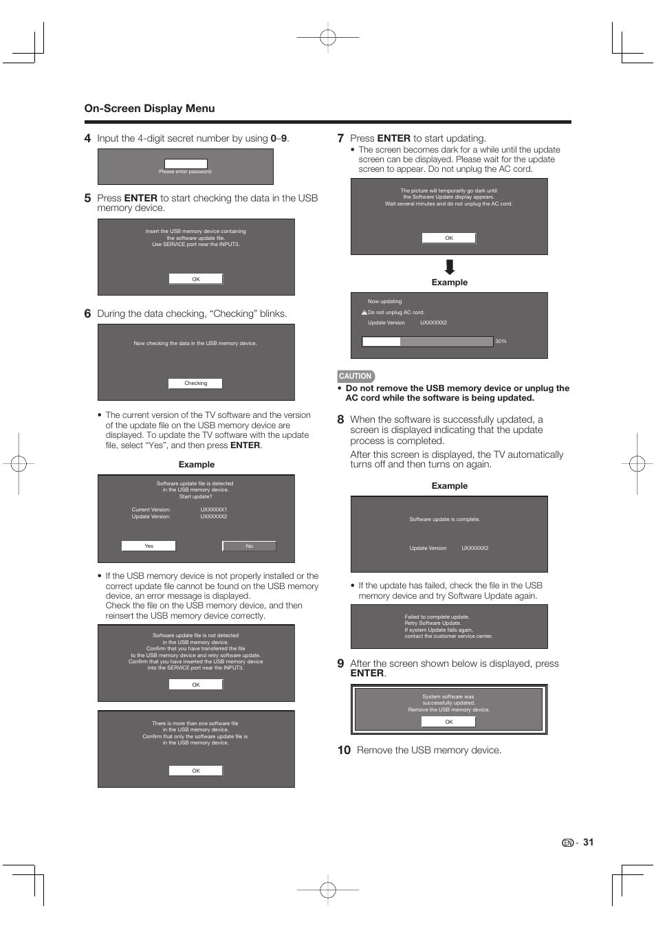 On-screen display menu, Input the 4-digit secret number by using 0–9, During the data checking, “checking” blinks | Press enter to start updating | Sharp Aquos LC 40E77UN User Manual | Page 33 / 47