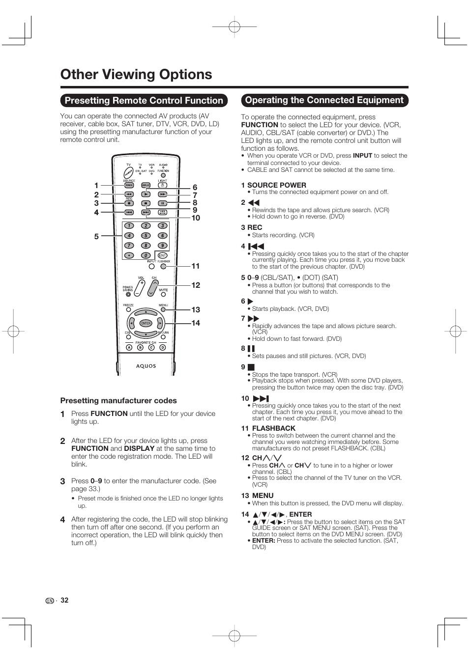 Other viewing options, Presetting remote control function, Operating the connected equipment | Sharp Aquos LC 40E77UN User Manual | Page 34 / 47
