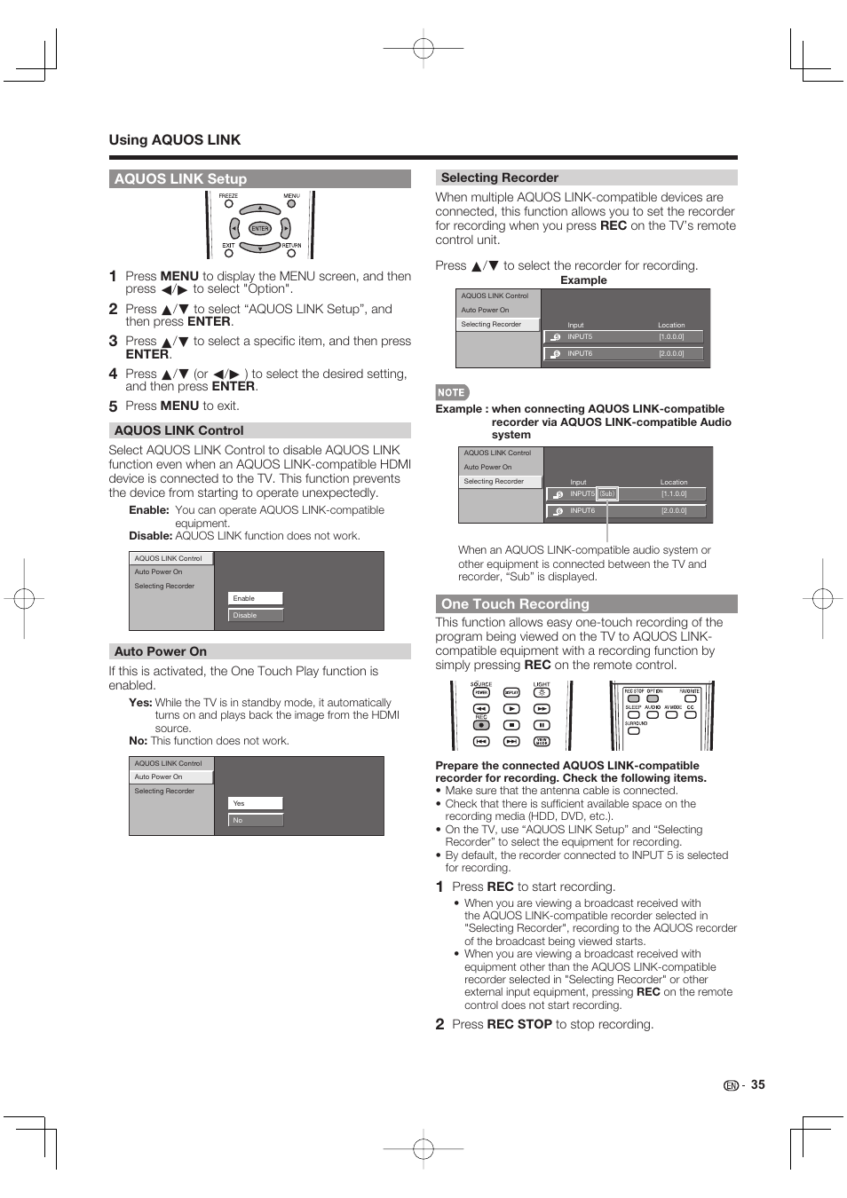 Aquos link setup, One touch recording, Using aquos link | Sharp Aquos LC 40E77UN User Manual | Page 37 / 47