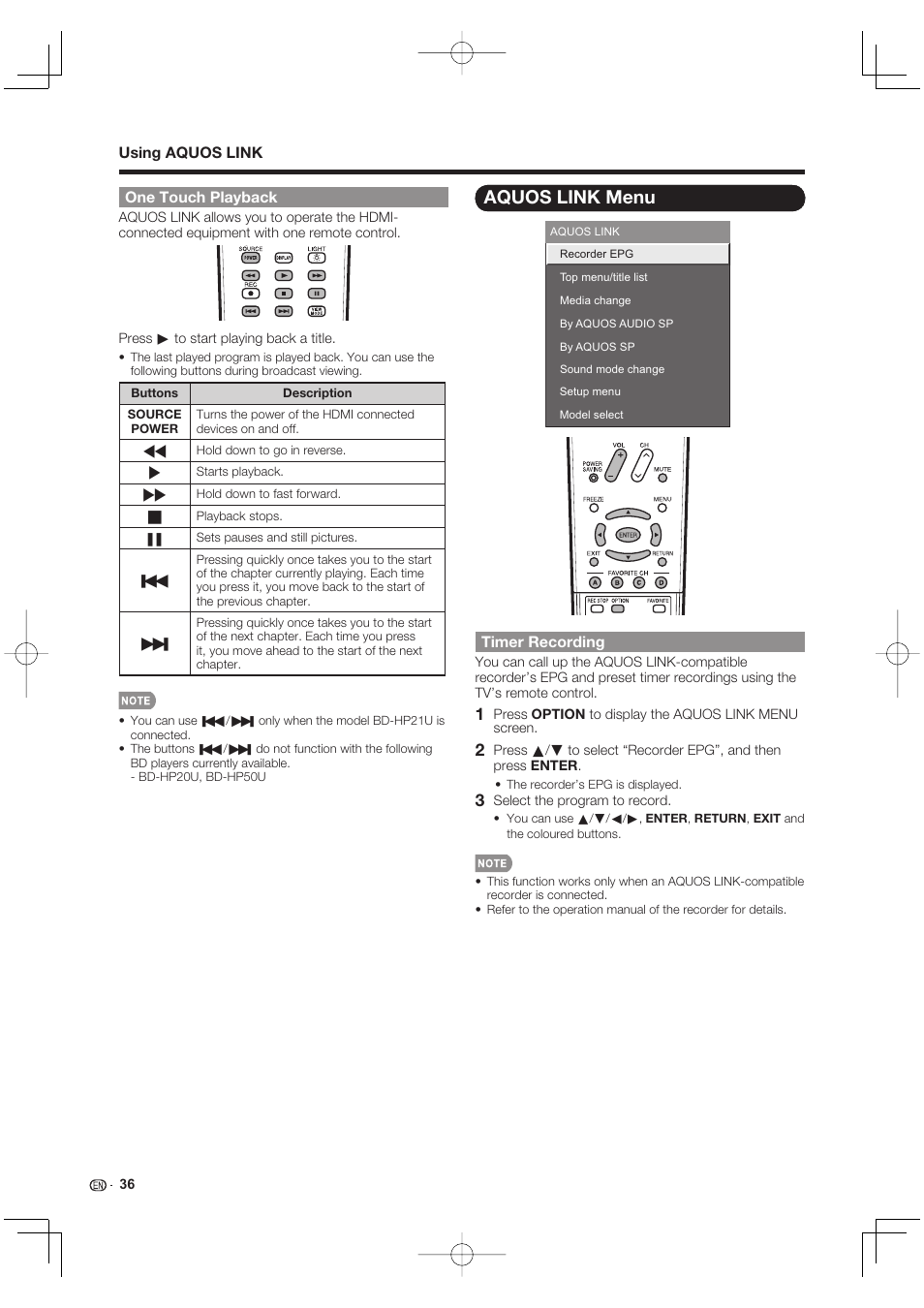 One touch playback, Aquos link menu, Timer recording | Sharp Aquos LC 40E77UN User Manual | Page 38 / 47