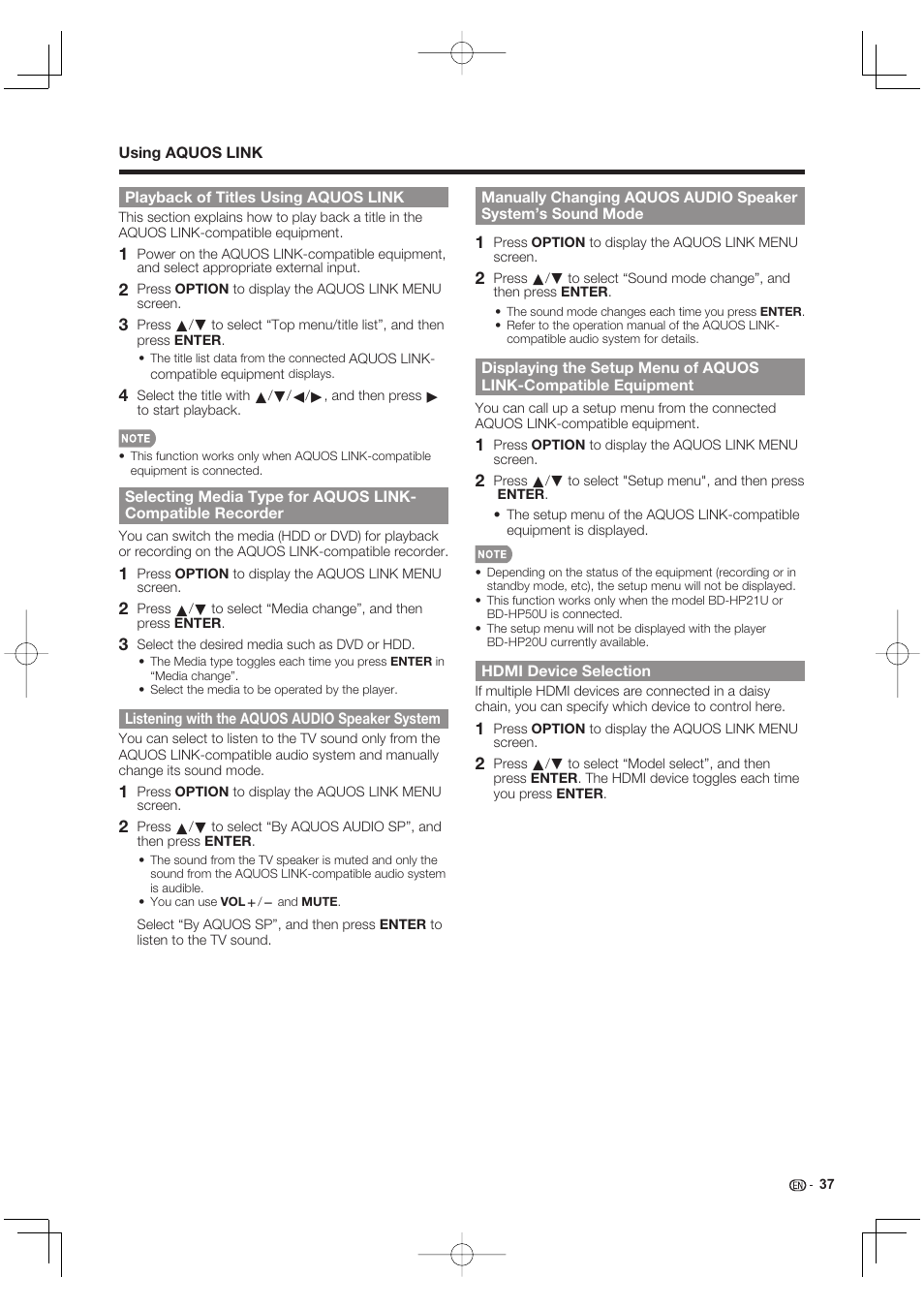 Playback of titles using aquos link, Listening with the aquos audio speaker system, Hdmi device selection | Sharp Aquos LC 40E77UN User Manual | Page 39 / 47