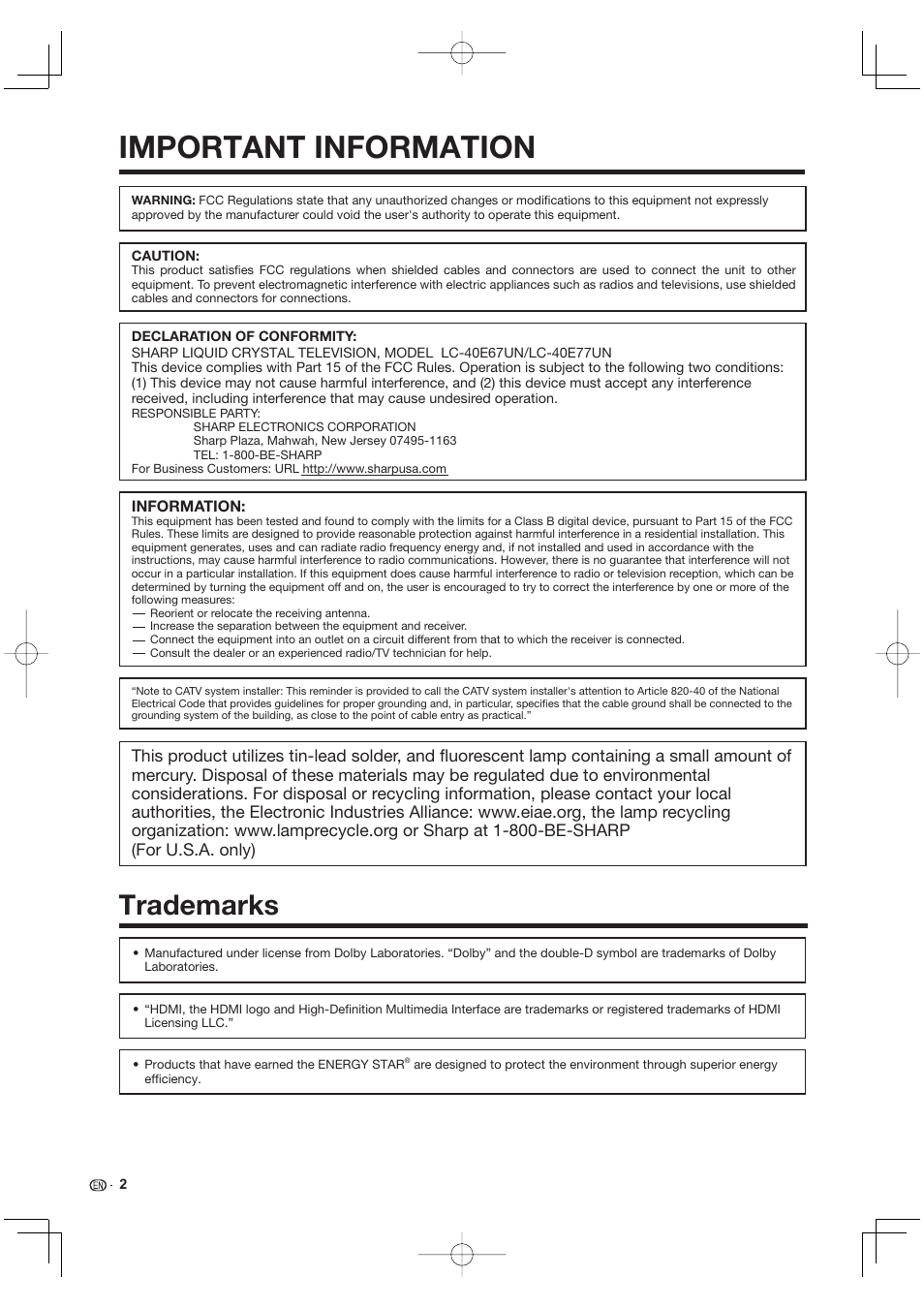 Trademarks, Important information | Sharp Aquos LC 40E77UN User Manual | Page 4 / 47