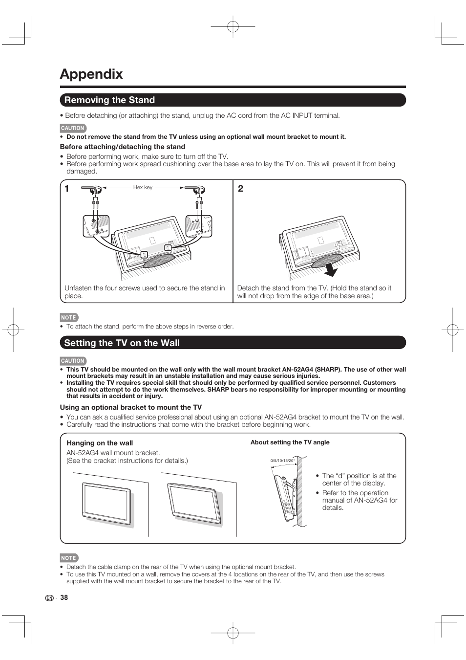 Appendix, Removing the stand, Setting the tv on the wall | Sharp Aquos LC 40E77UN User Manual | Page 40 / 47