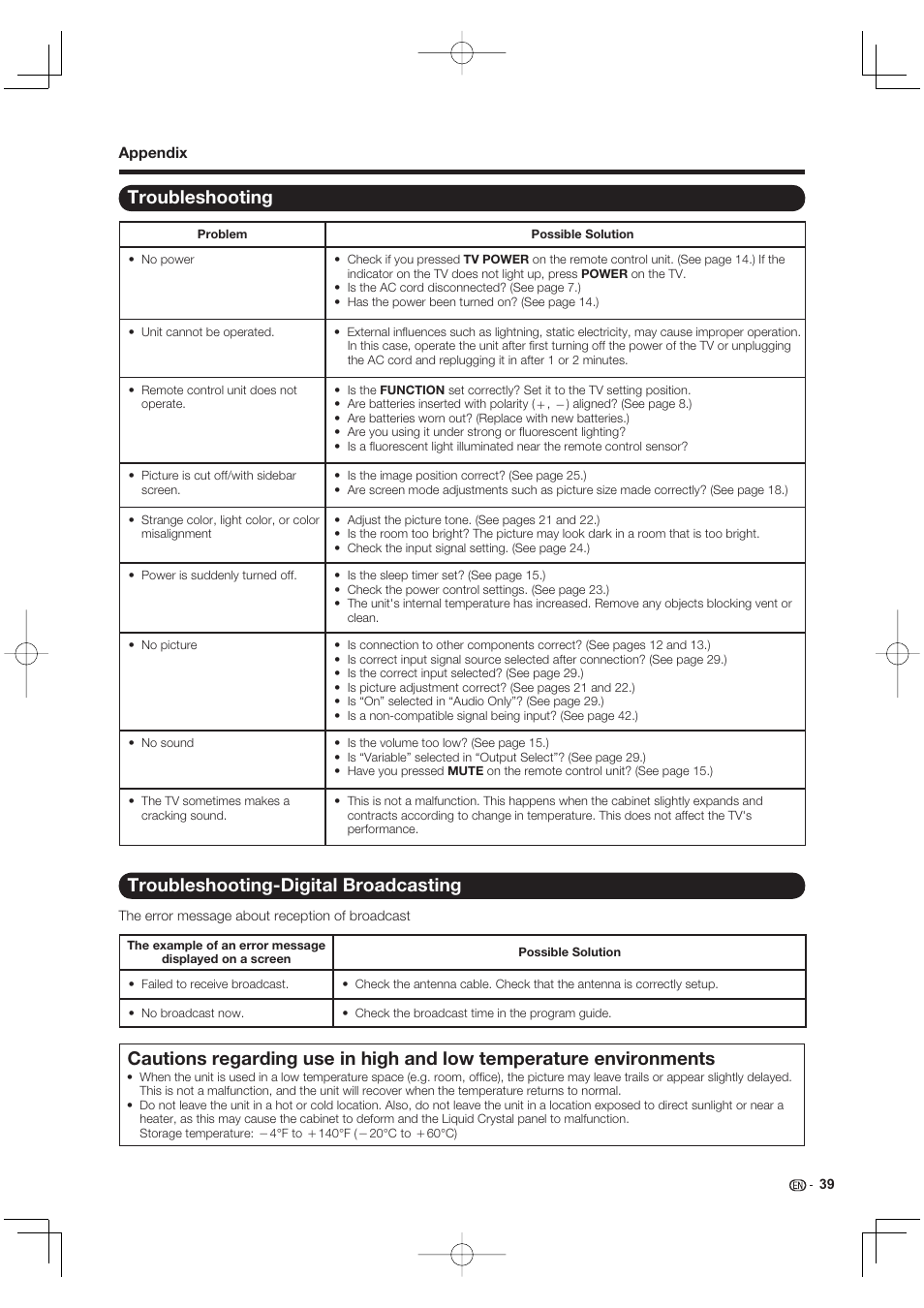 Troubleshooting, Troubleshooting-digital broadcasting | Sharp Aquos LC 40E77UN User Manual | Page 41 / 47