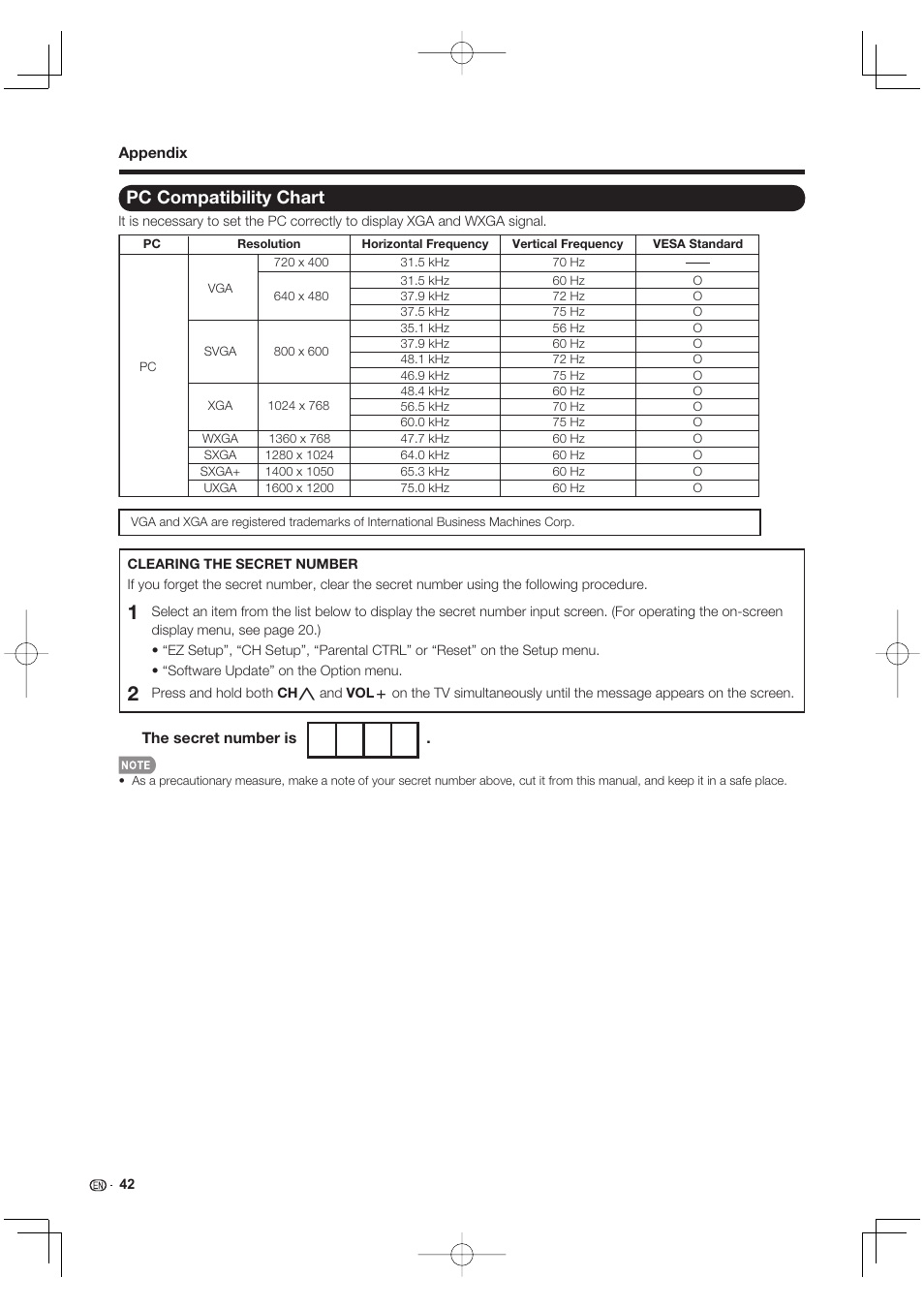 Pc compatibility chart | Sharp Aquos LC 40E77UN User Manual | Page 44 / 47