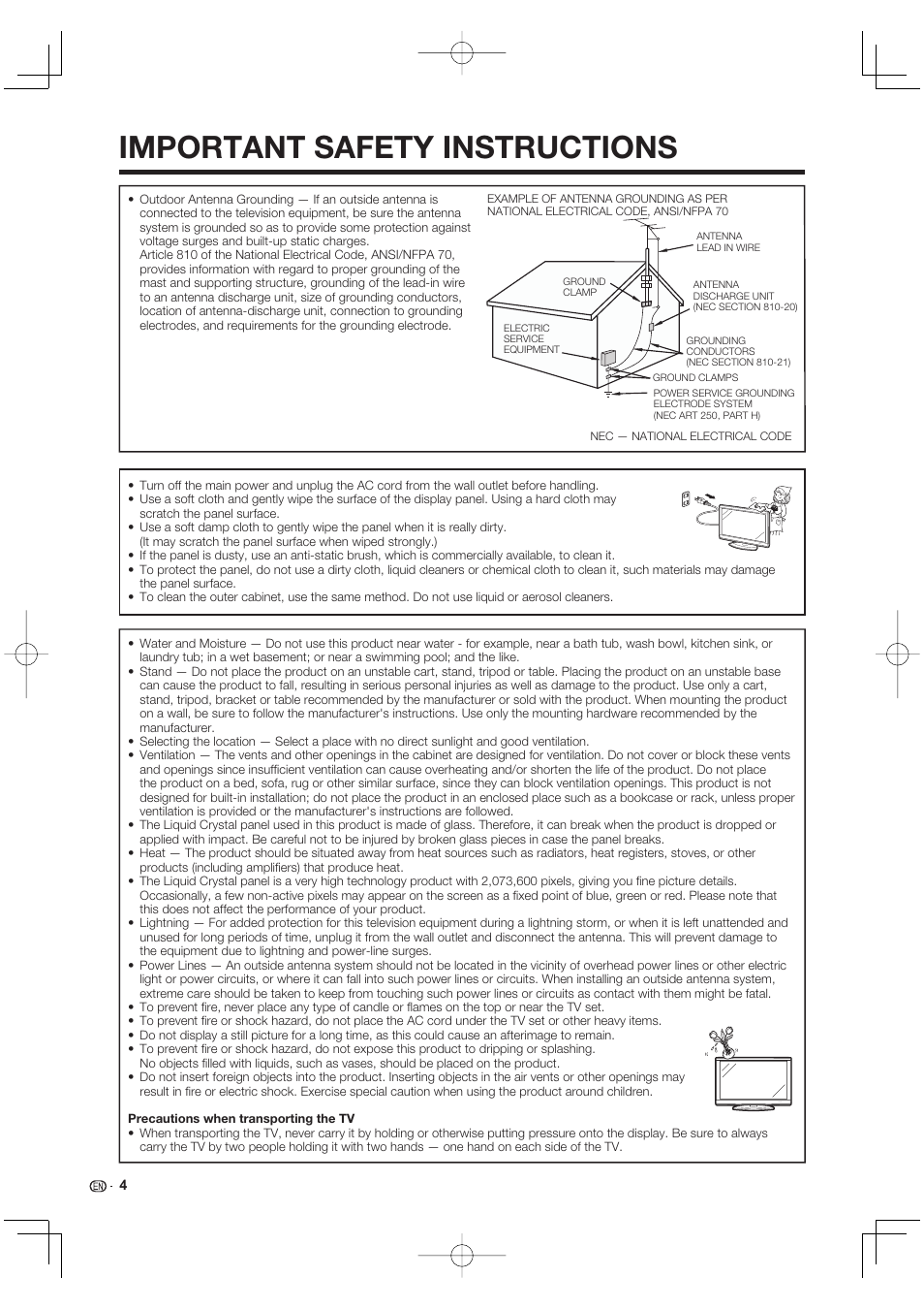 Important safety instructions | Sharp Aquos LC 40E77UN User Manual | Page 6 / 47